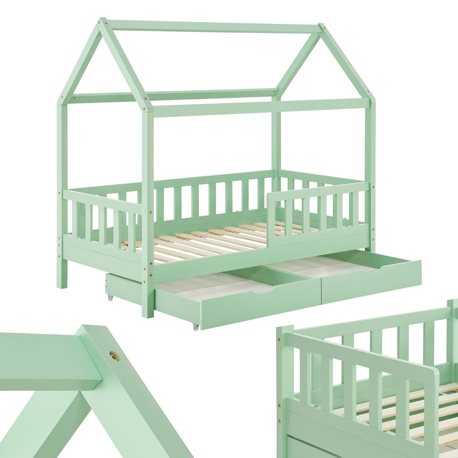Juskys Kinderbett Marli 90 x 200 cm mit Bettkasten, Gitter, Lattenrost & Dach – Holz Hausbett Mint | 04260565527565