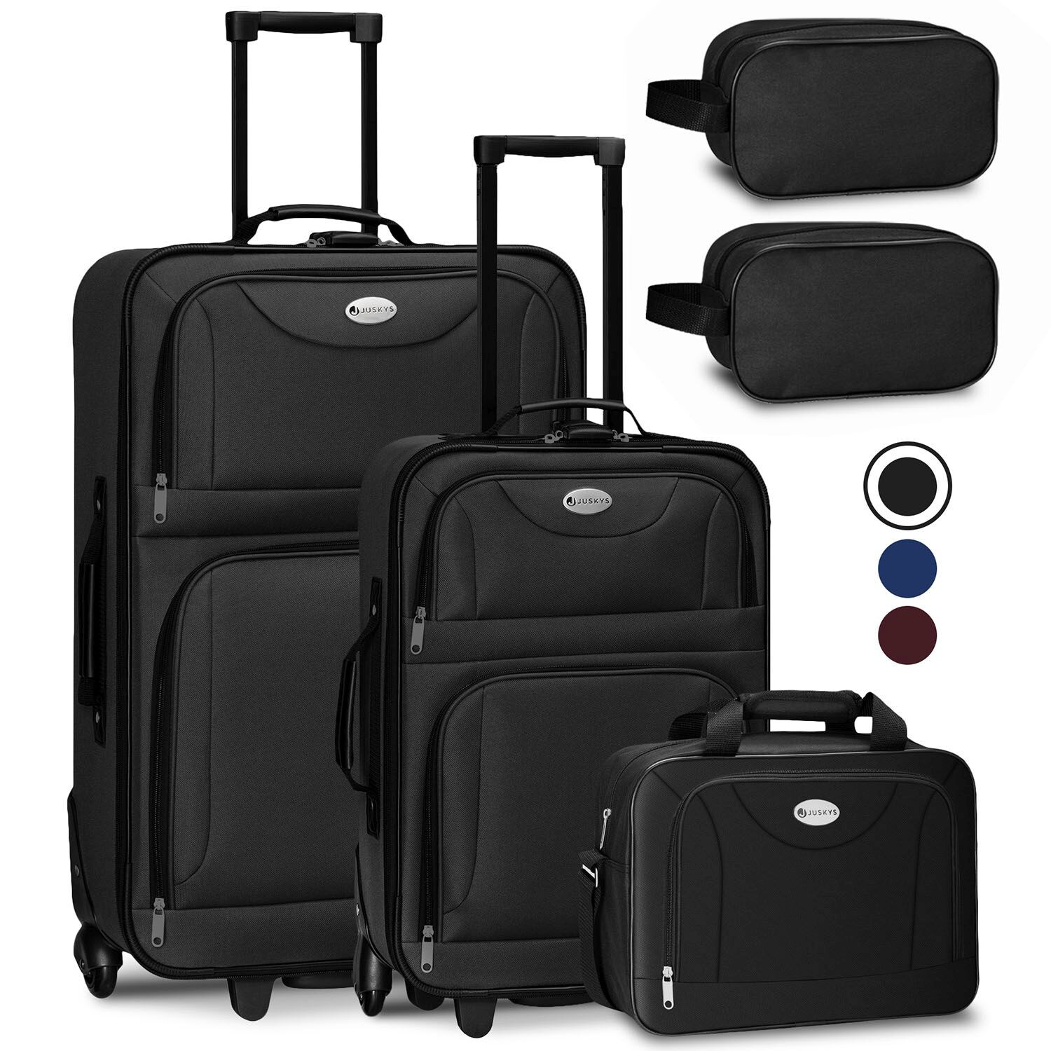 Juskys Trolley Reisekoffer Set Athen 5 teilig – 60 L, 2 Rollen, Weichschale, Handgepäck, Schwarz | 04260565527602