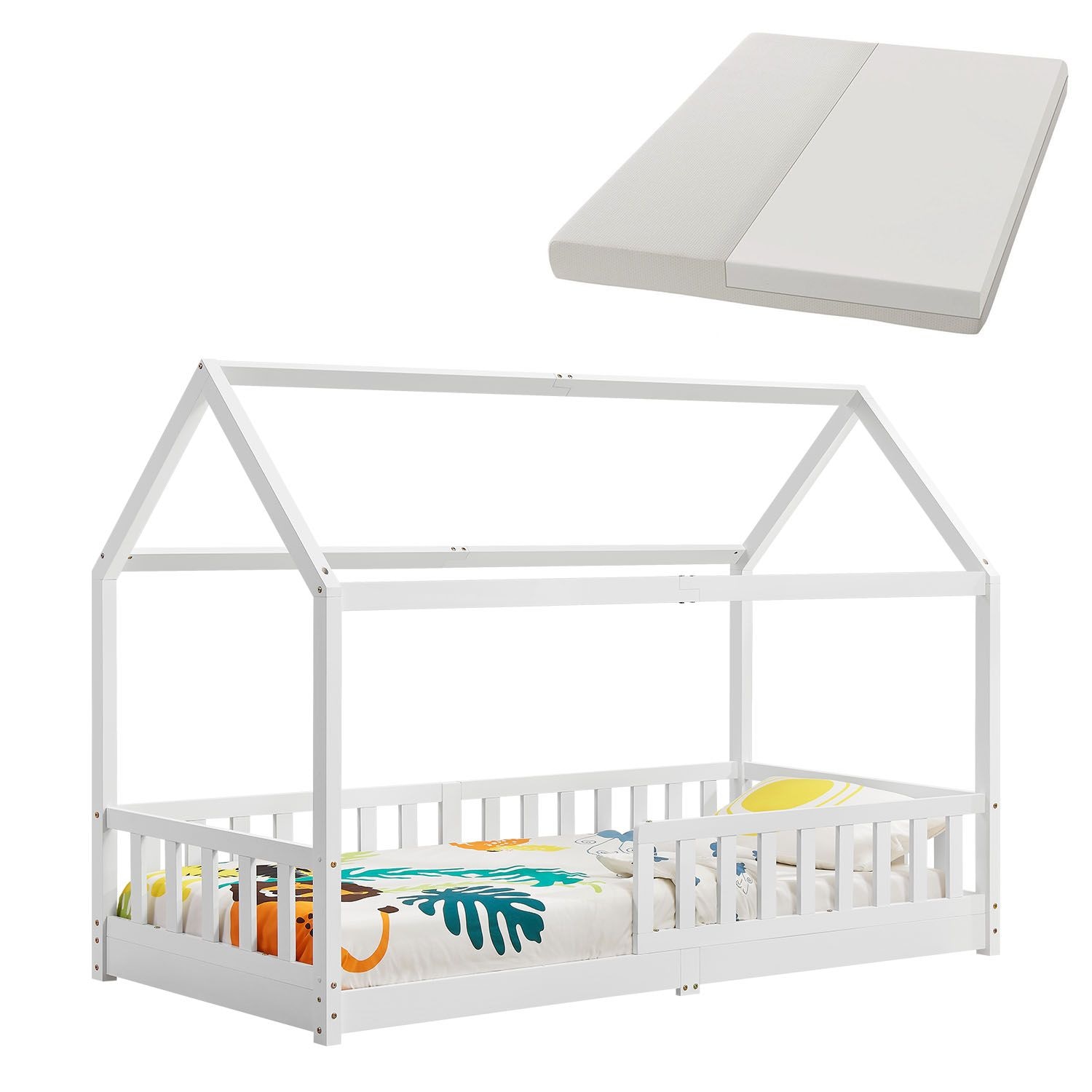 Juskys Kinderbett Marli 90 x 200 cm mit Matratze, Gitter, Lattenrost & Dach - Bett Wei&szlig; - Bild 1