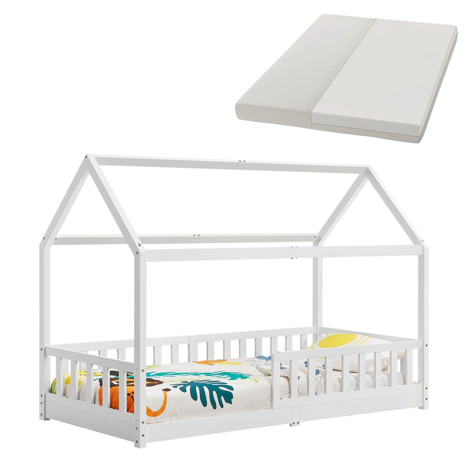 Juskys Kinderbett Marli 90 x 200 cm mit Matratze, Gitter, Lattenrost & Dach – Bett Weiß | 04260565527725