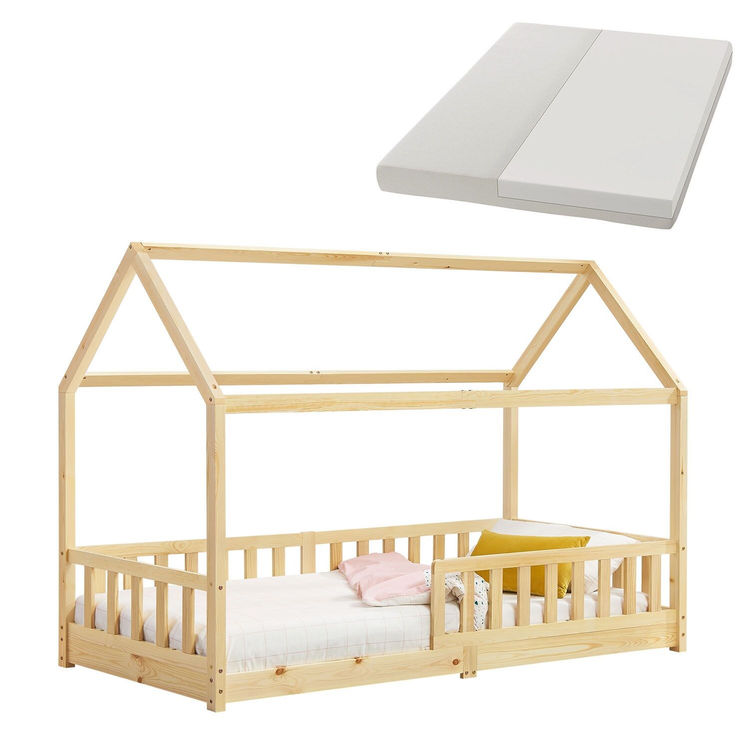 Juskys Kinderbett Marli 90 x 200 cm mit Matratze, Gitter, Lattenrost & Dach – Bett Natur | 04260565527732