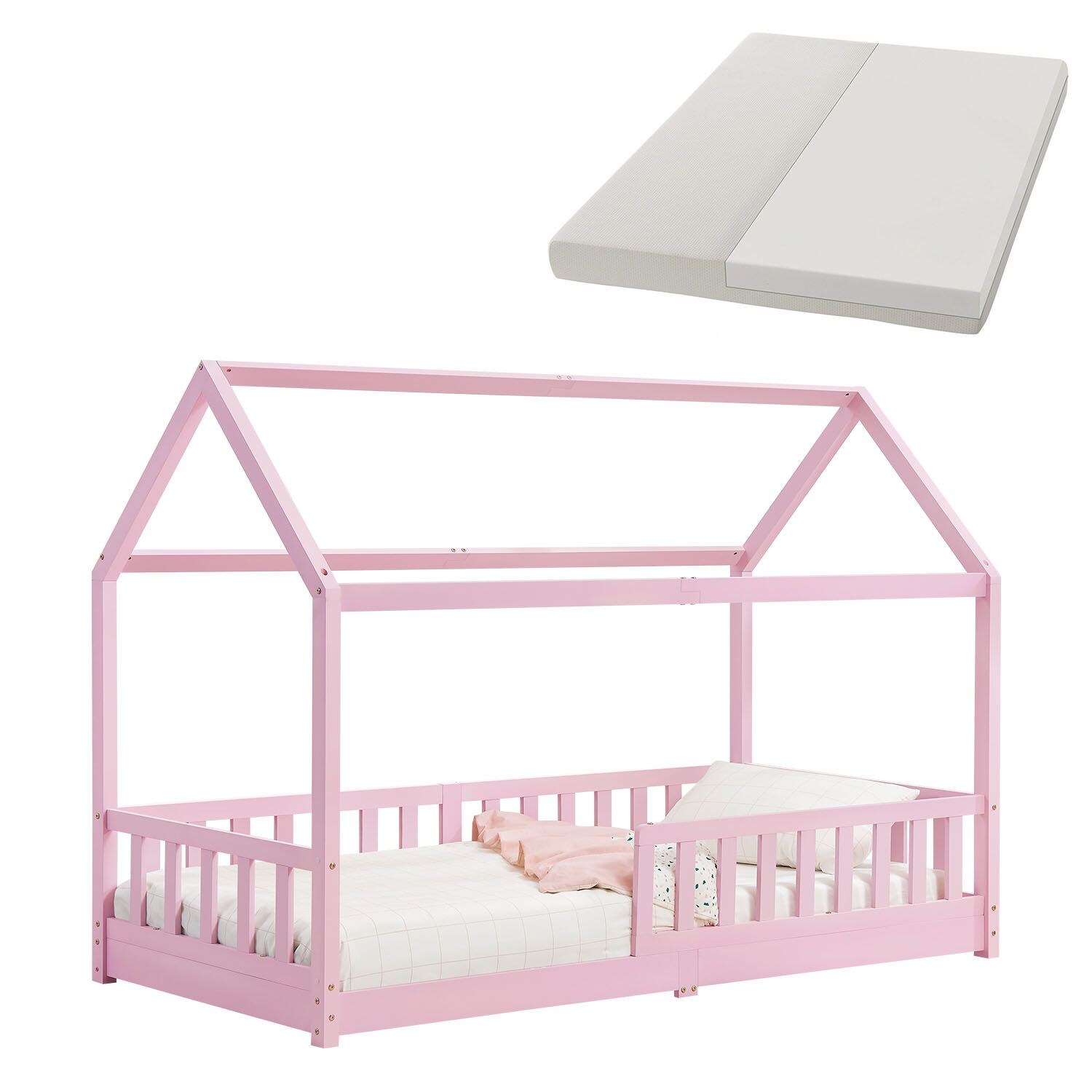 Juskys Kinderbett Marli 90 x 200 cm mit Matratze, Gitter, Lattenrost & Dach - Bett Rosa - Bild 1