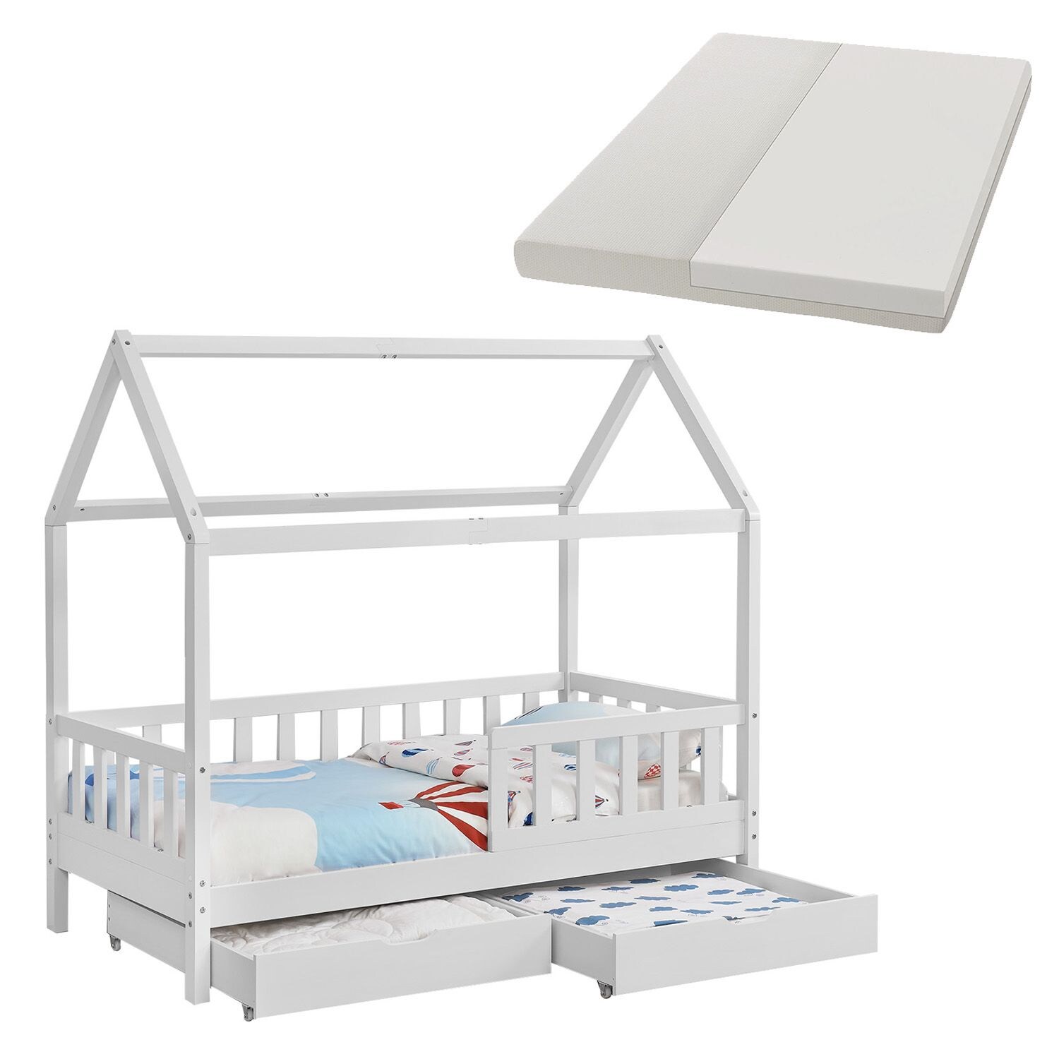 Juskys Kinderbett Marli 90 x 200 cm mit Matratze, Bettkasten, Gitter, Lattenrost & Dach – Bett Weiß | 04260565527763