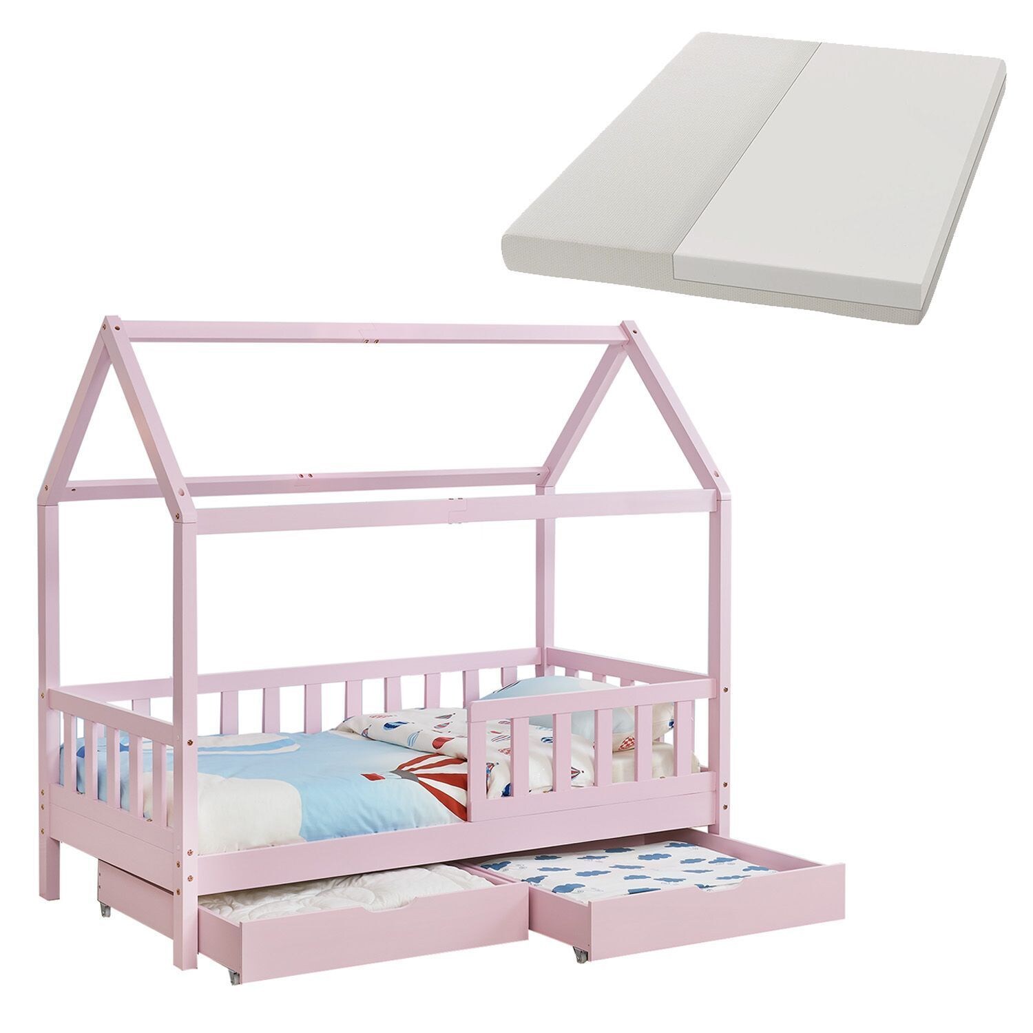 Juskys Kinderbett Marli 90 x 200 cm mit Matratze, Bettkasten, Gitter, Lattenrost & Dach – Bett Rosa | 04260565527787