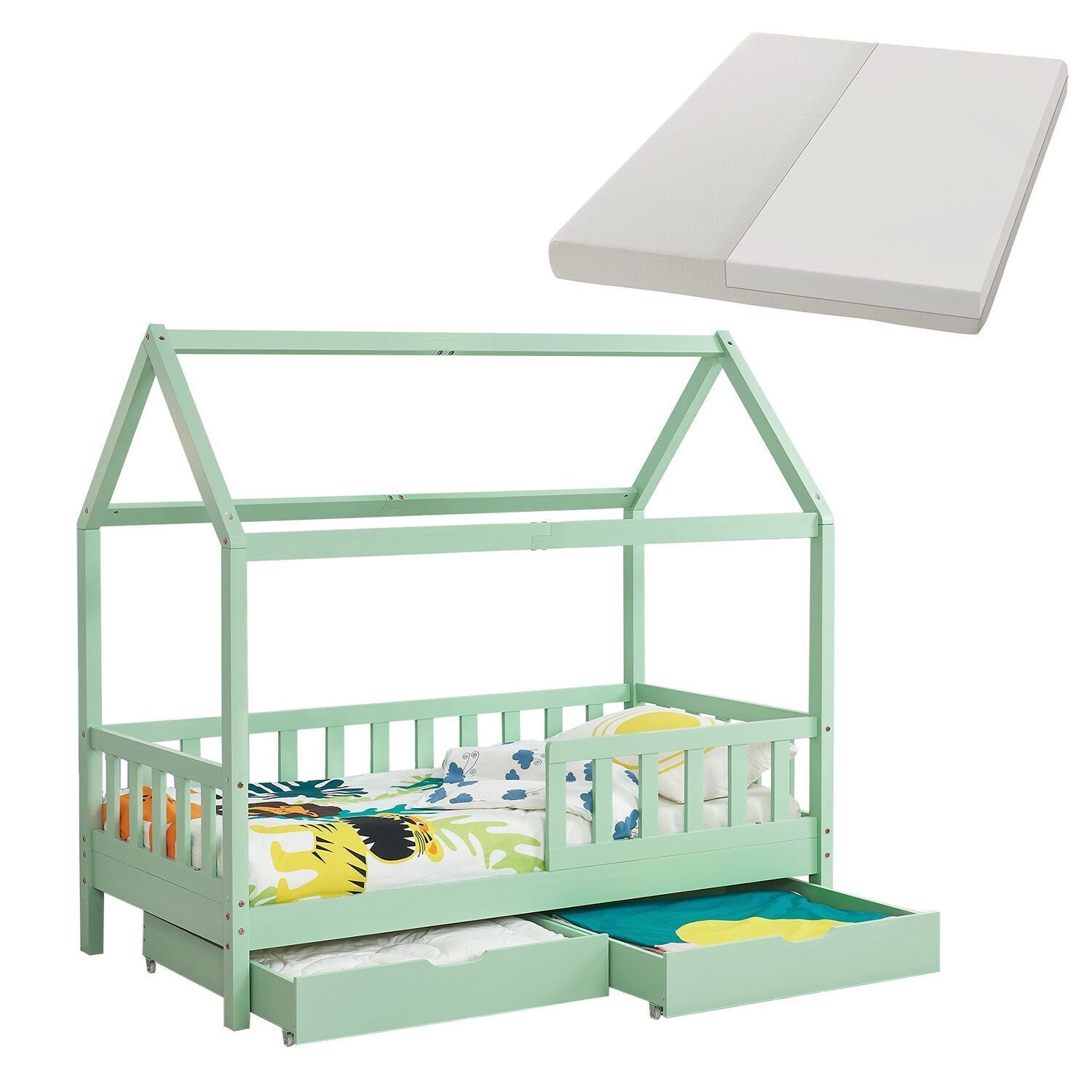 Juskys Kinderbett Marli 90 x 200 cm mit Matratze, Bettkasten, Gitter, Lattenrost & Dach – Bett Mint | 04260565527794