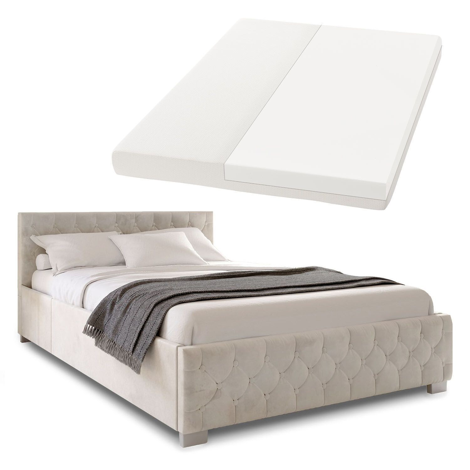 Juskys Polsterbett Nizza 140x200 cm &ndash; Matratze, Stauraum & LEDs - Samtbezug mit Steppung - Beige - Bild 1