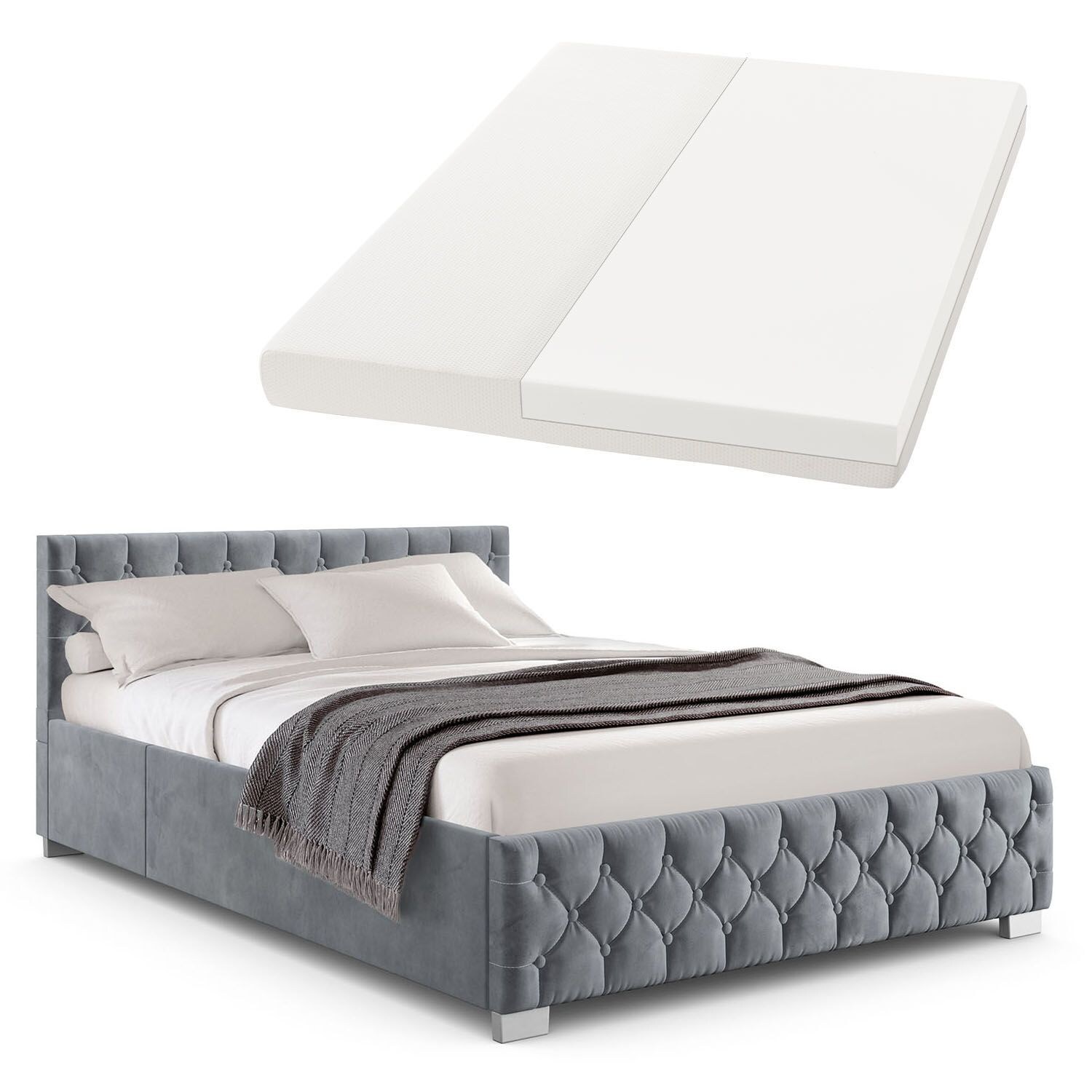 Juskys Polsterbett Nizza 140×200 cm – Matratze, Stauraum & LEDs – Samtbezug mit Steppung – Grau | 04260565527855