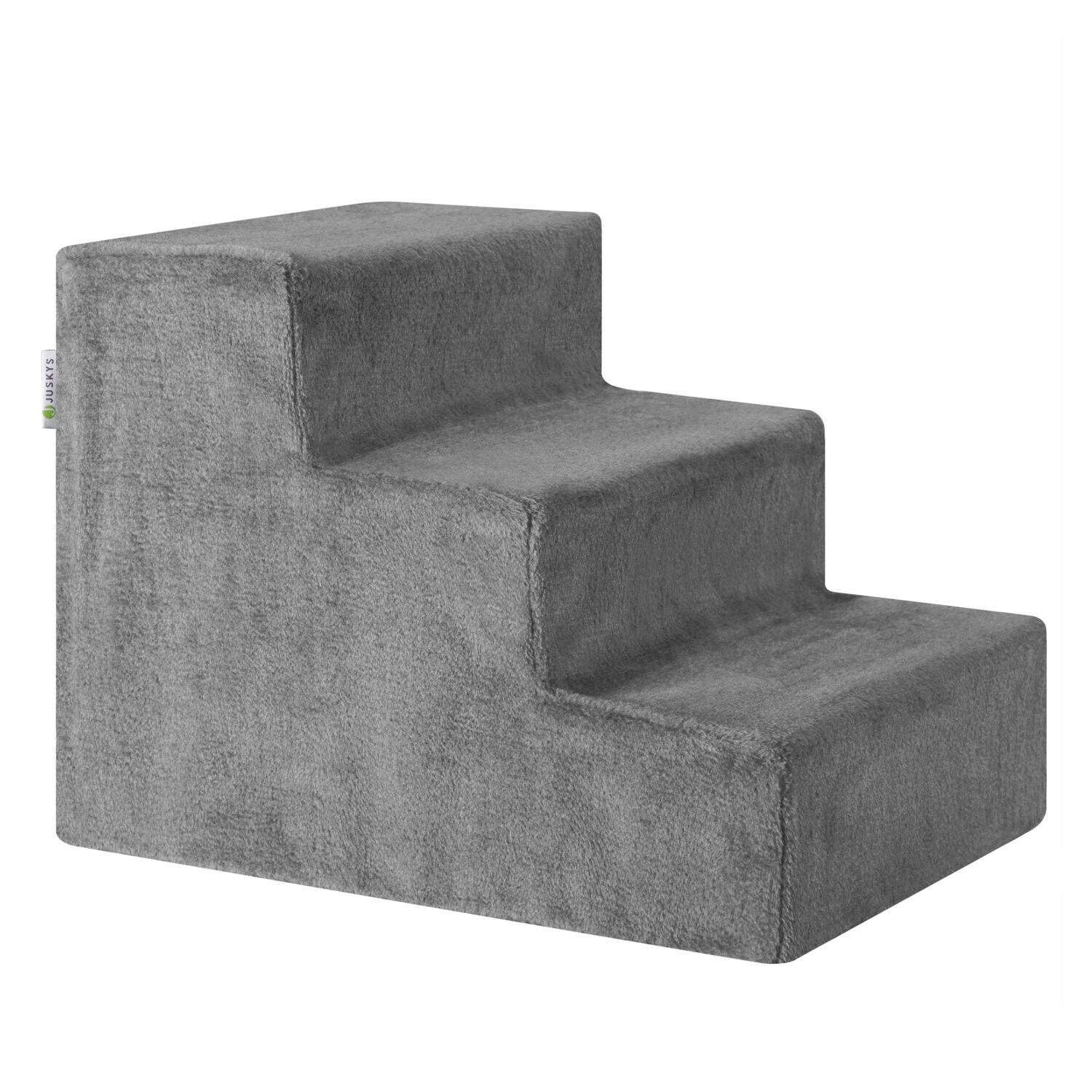 Juskys Haustiertreppe Timmy 36 cm, 3 Stufen Plüsch Grau waschbar– Hundetreppe für Bett, Sofa, Auto | 04260565527862