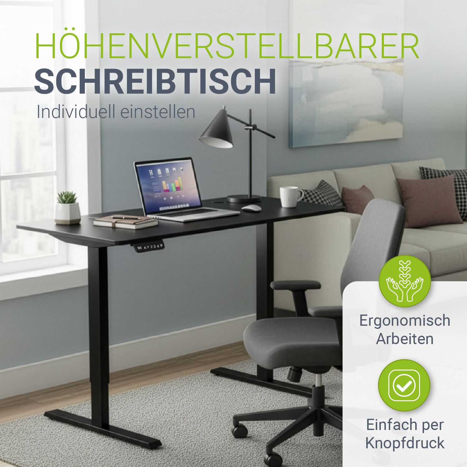 Juskys H&ouml;henverstellbarer Schreibtisch Office Stand 120x60cm - elektrisch, Memory-Funktion - Schwarz - Bild 1