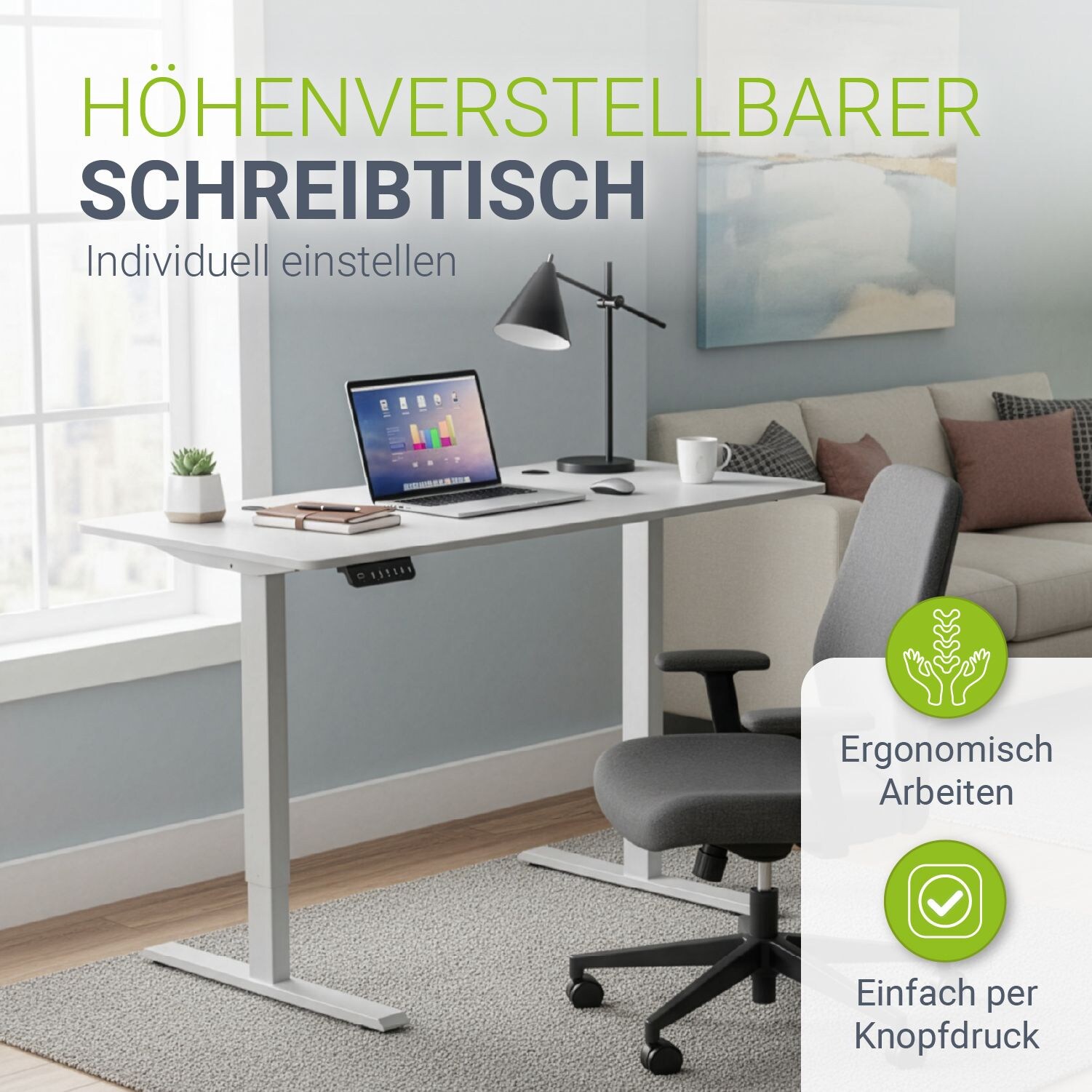 Juskys Höhenverstellbarer Schreibtisch Office Stand 140x60cm – elektrisch, Memory-Funktion – Weiß | 04260565527923