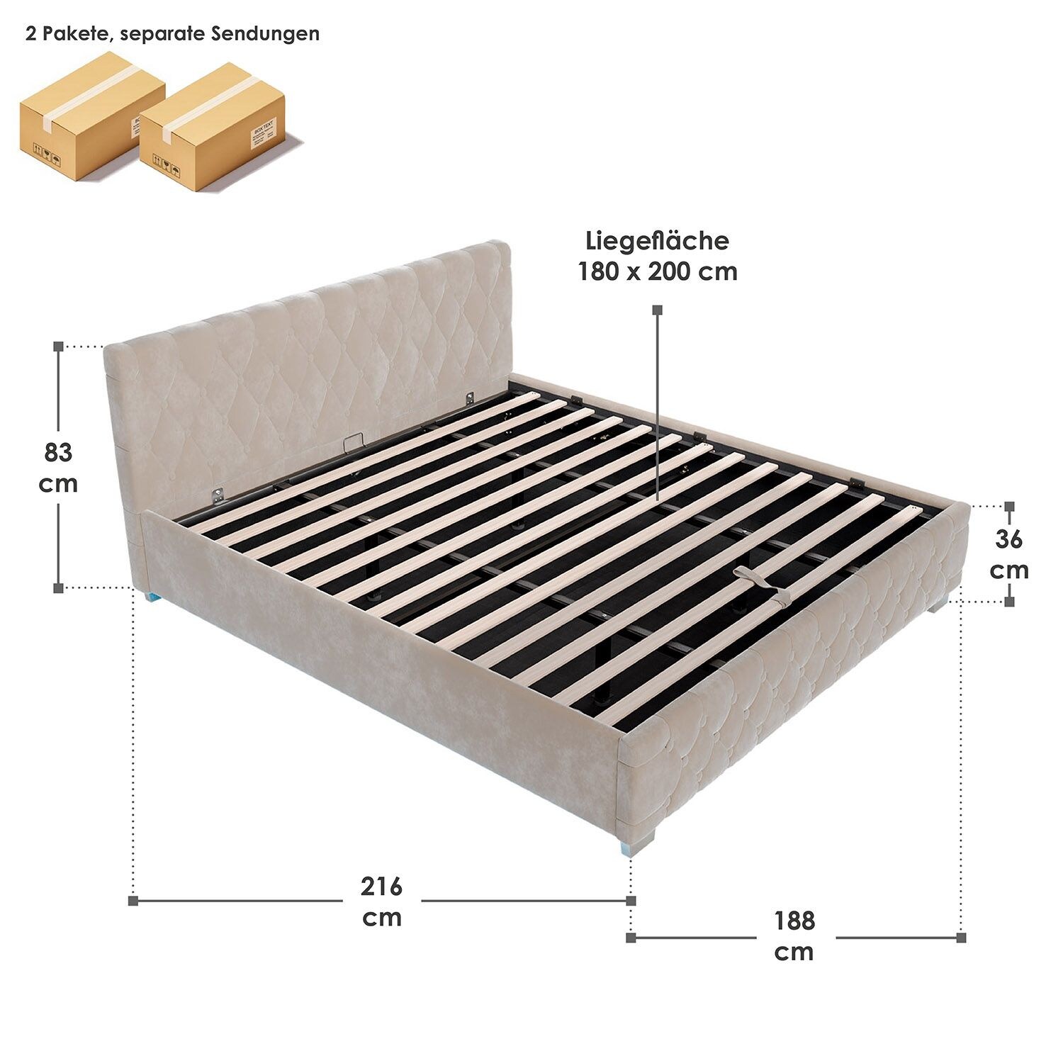 Juskys Polsterbett Nizza 180x200 cm - Lattenrost, Stauraum & LEDs - Samtbezug mit Steppung - Beige