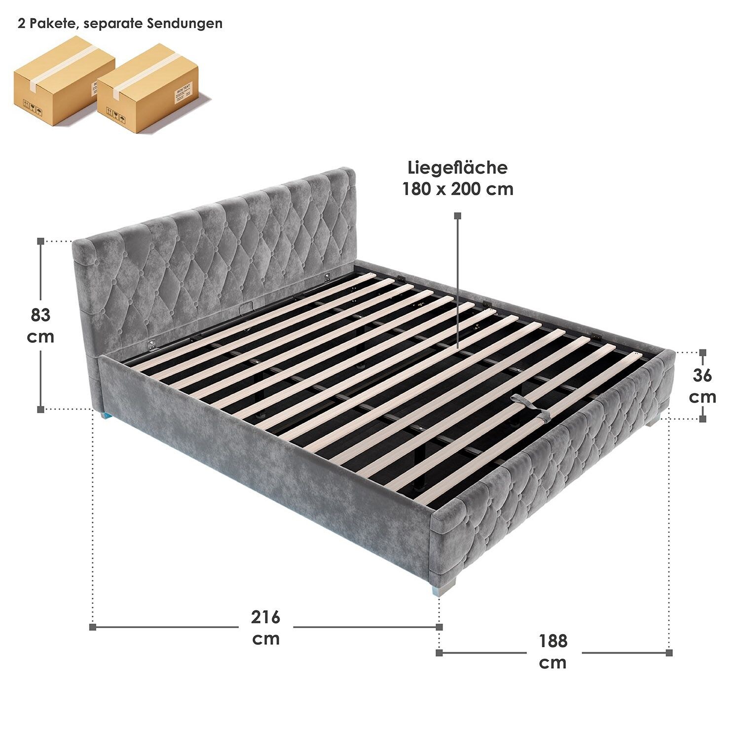 Juskys Polsterbett Nizza 180x200 cm - Lattenrost, Stauraum & LEDs - Samtbezug mit Steppung - Grau
