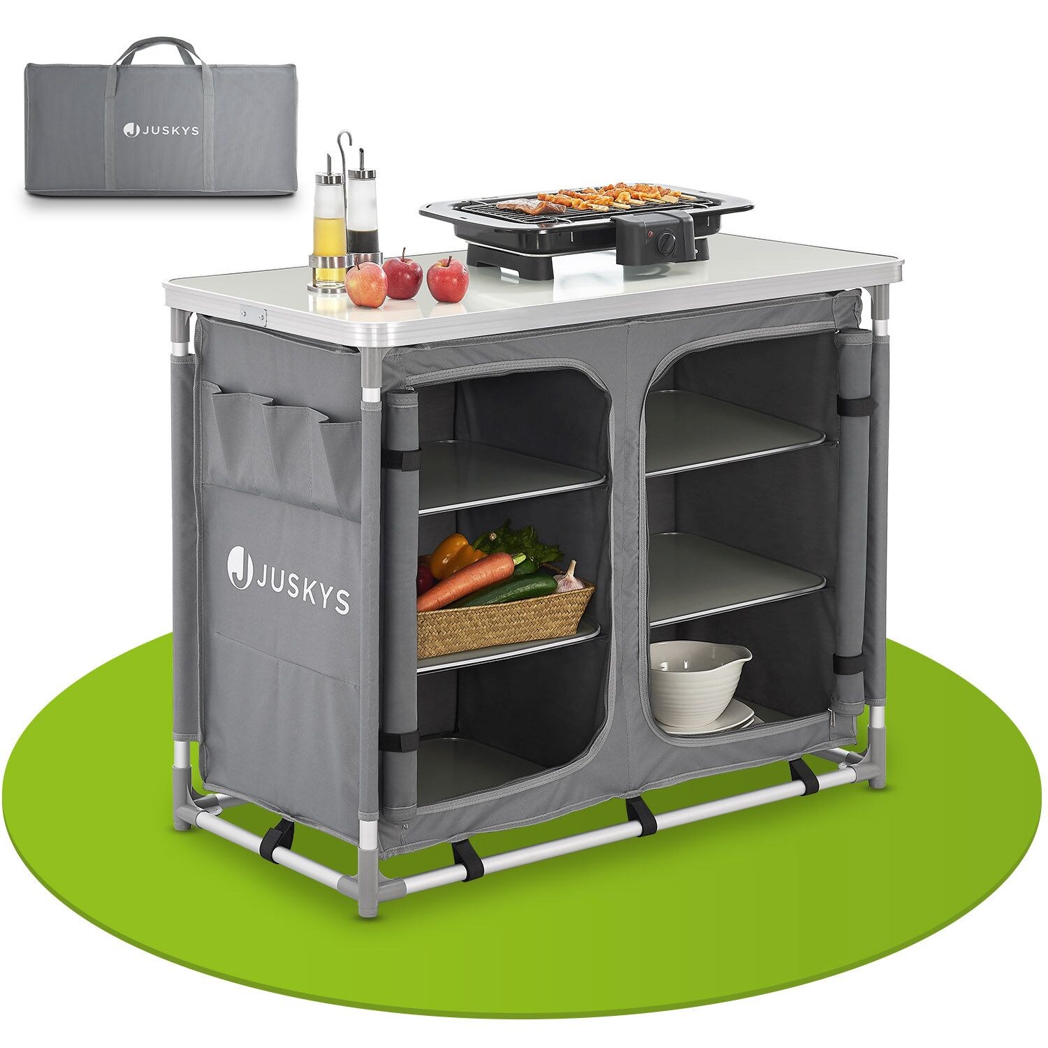 Juskys Campingküche Ruda – Outdoor Küche faltbar mit Schrank – Campingschrank für Zelt – Grau | 04260565528715