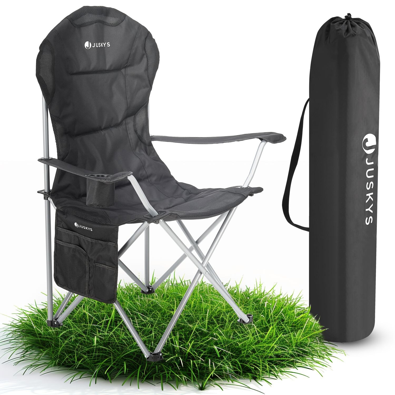 Juskys Campingstuhl Lido mit Getränkehalter & Tasche - Camping Klappstuhl gepolstert - Stuhl Schwarz