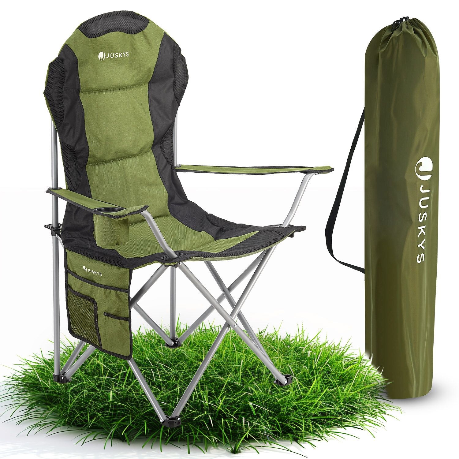 Juskys Campingstuhl Lido mit Getränkehalter & Tasche - Camping Klappstuhl gepolstert - Stuhl Grün