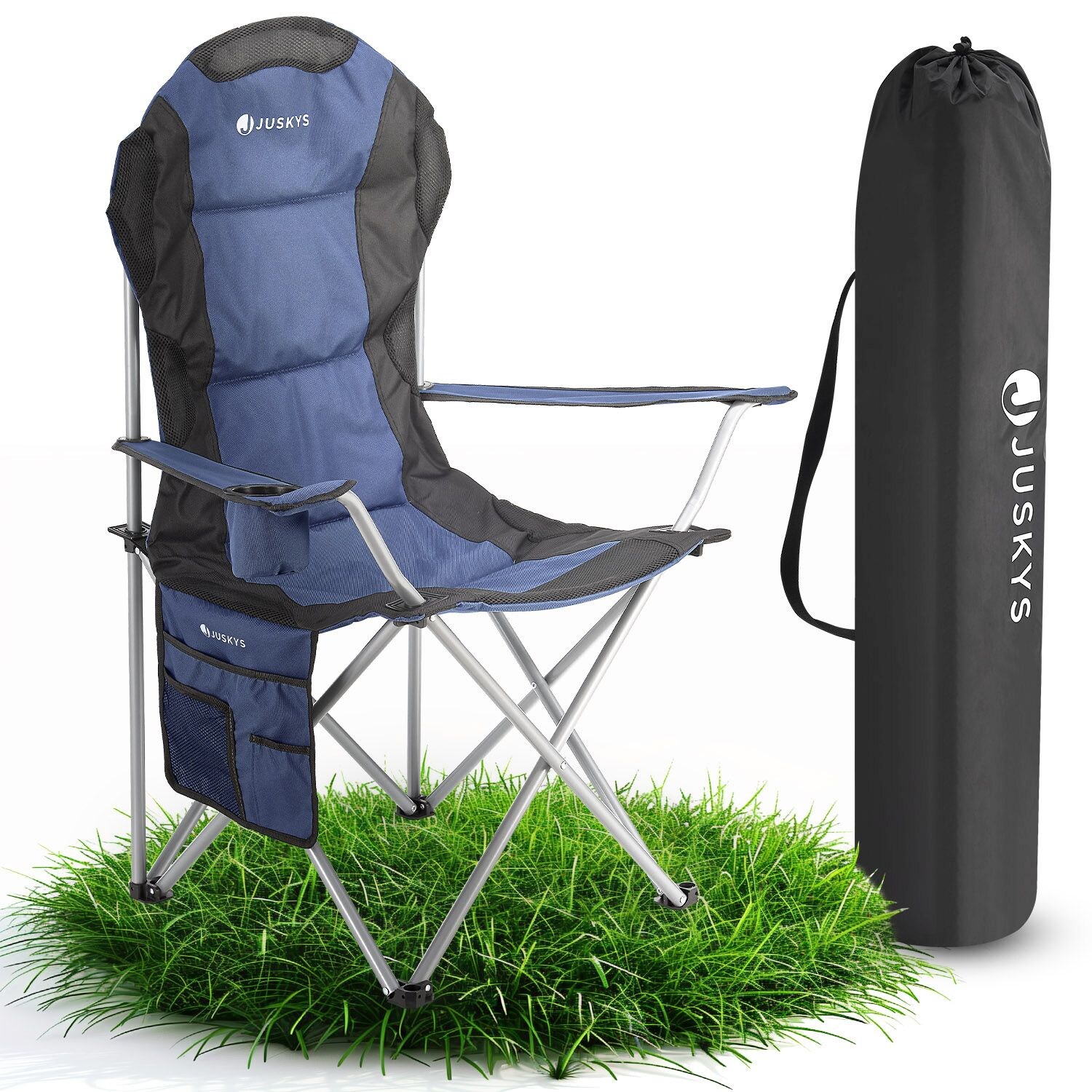 Juskys Campingstuhl Lido mit Getränkehalter & Tasche - Camping Klappstuhl gepolstert - Stuhl Blau