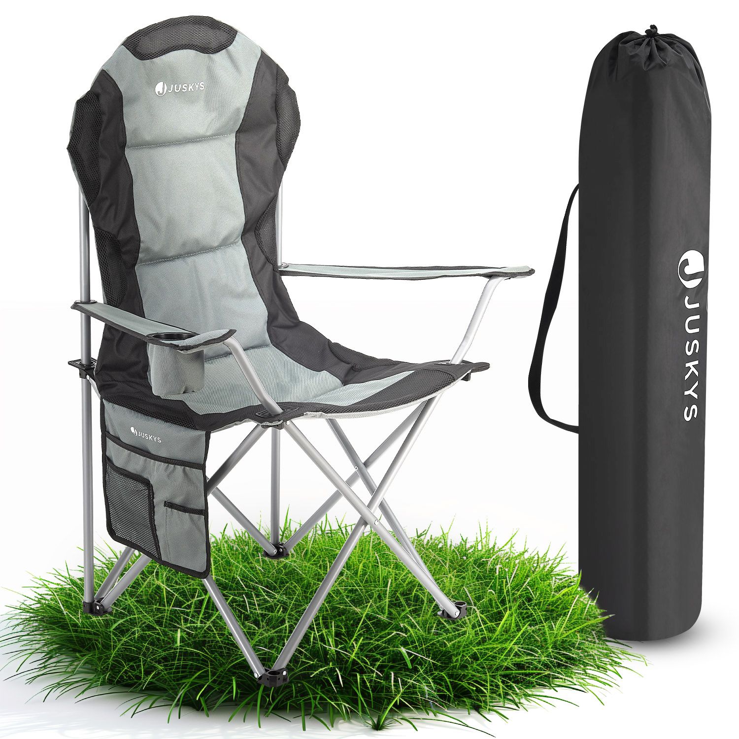 Juskys Campingstuhl Lido mit Getr&auml;nkehalter & Tasche - Camping Klappstuhl gepolstert - Stuhl Grau - Bild 1