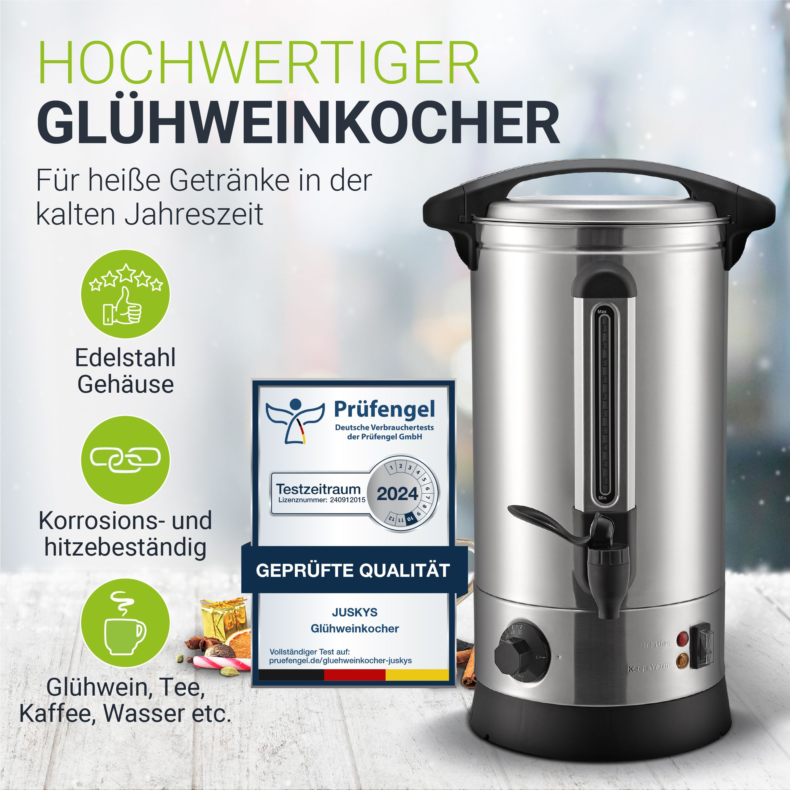 Glühweinkocher Juskys Teramo 10 Liter 1500W mit Zapfhahn 2025