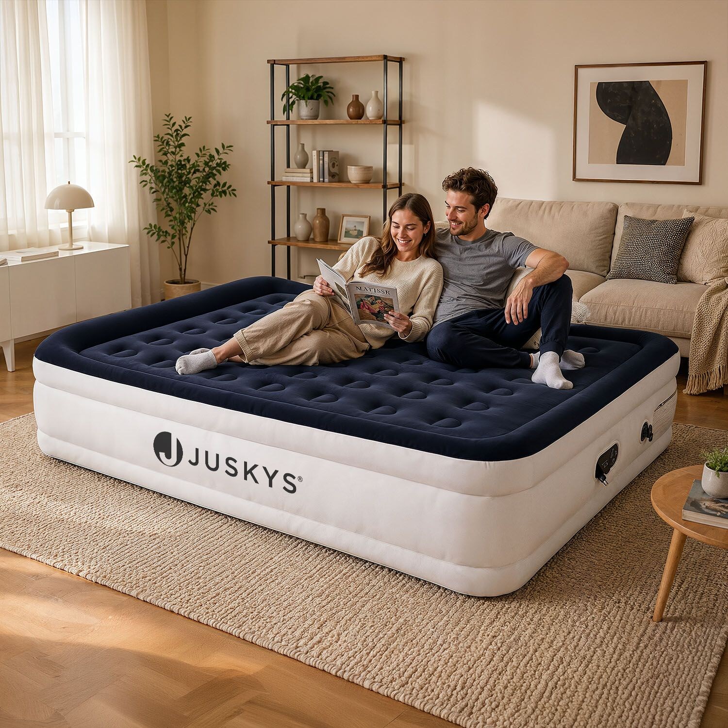 Juskys Luftmatratze Sapri L in Blau-Weiß - 2 Personen Luftbett selbstaufblasend - integrierter Pumpe