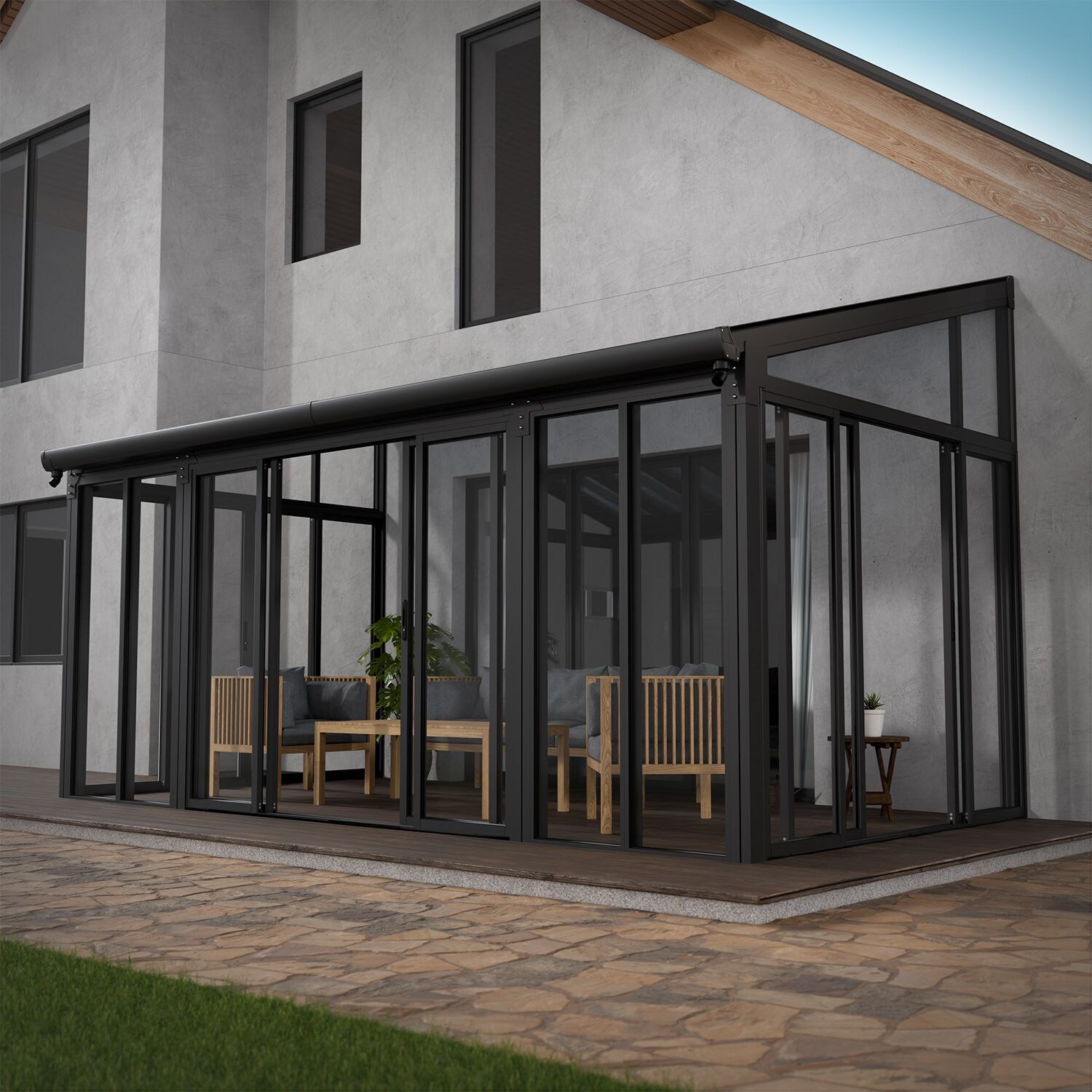 Juskys Wintergarten 15 m² in Grau mit Schiebetüren – UV-Schutz, wasserdicht & winterfest | 04260565529132