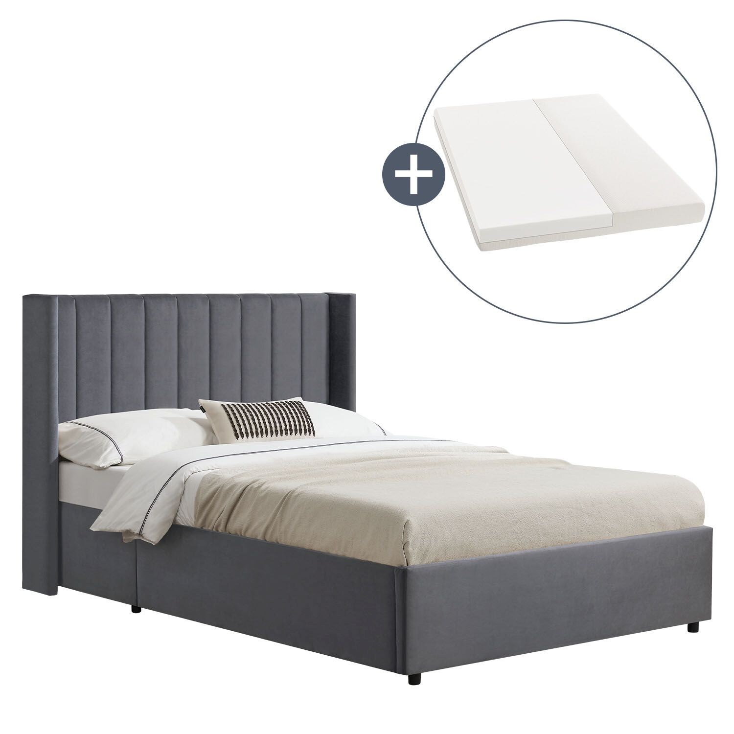 Juskys Polsterbett Savona 120×200 cm mit Stauraum, H3 Matratze, Samt-Bezug, bis 250kg – Dunkelgrau | 04260565529200