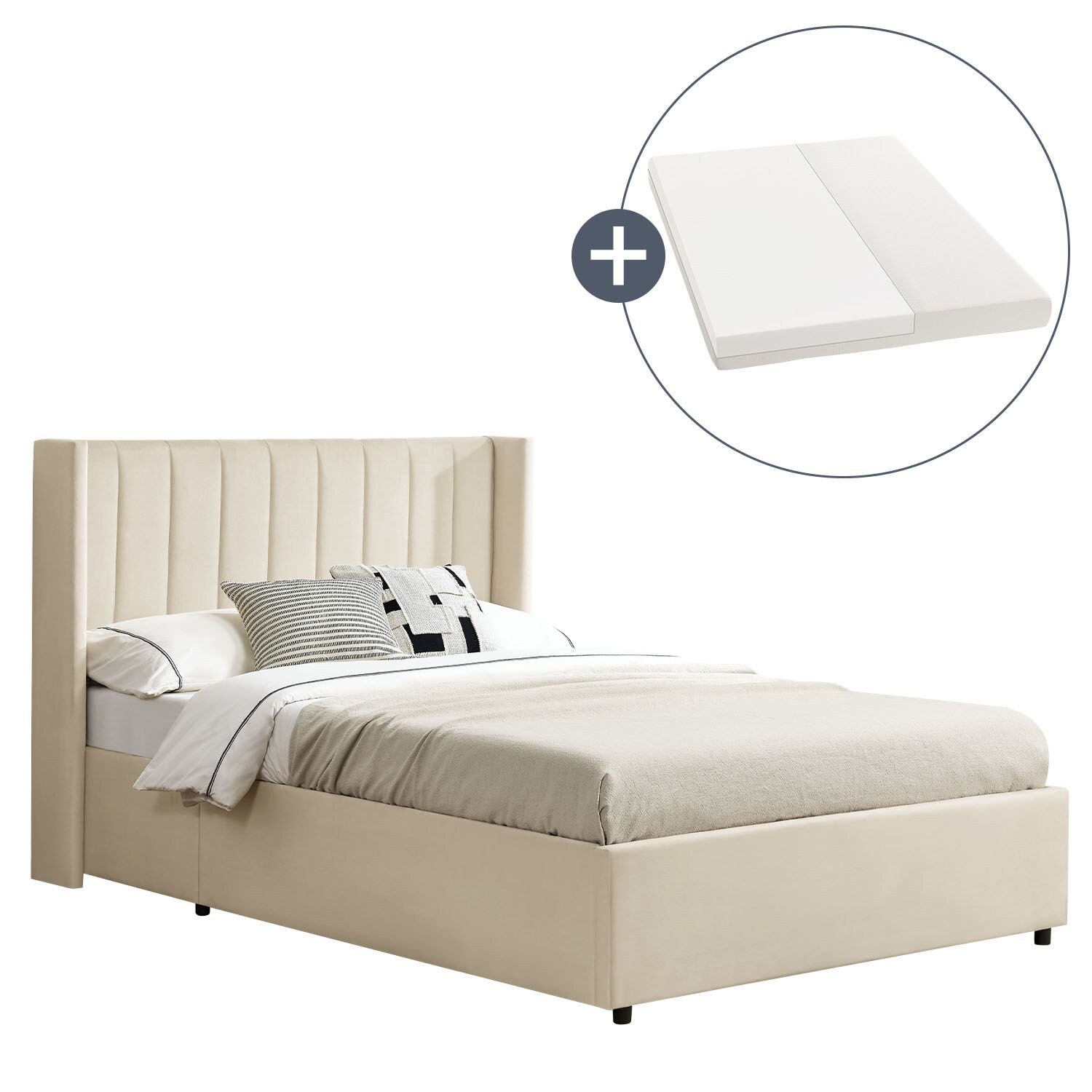 Juskys Polsterbett Savona 120×200 cm mit Stauraum, H3 Matratze, Samt-Bezug, bis 250kg – Beige | 04260565529224