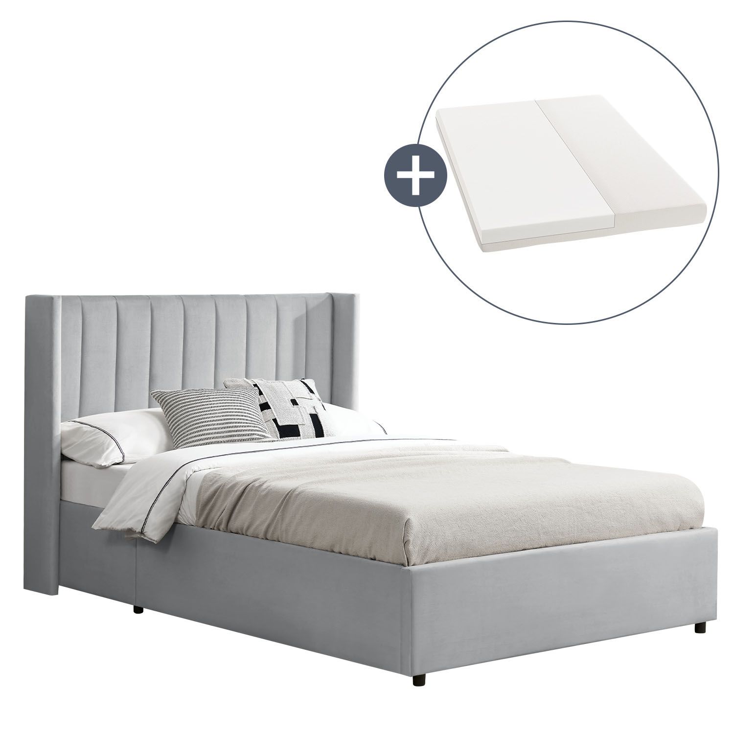 Juskys Polsterbett Savona 140x200 cm mit Stauraum, H3 Matratze, Samt-Bezug, bis 250kg - Hellgrau - Bild 1