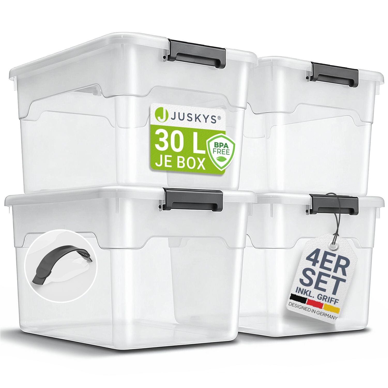 Juskys Aufbewahrungsbox mit Deckel - 4er Set Kunststoff Boxen 30l - Box stapelbar, transparent