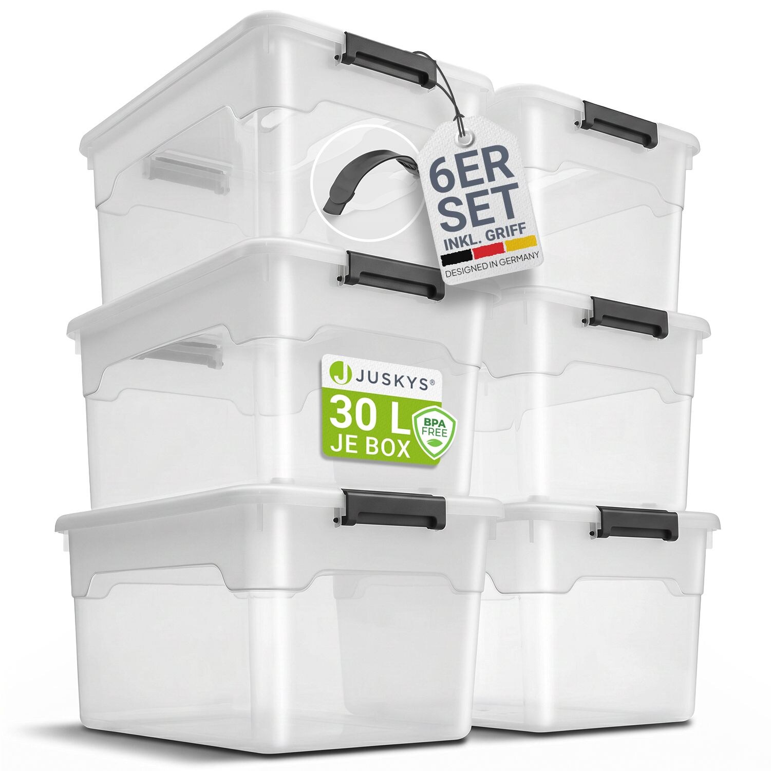Juskys Aufbewahrungsbox mit Deckel - 6er Set Kunststoff Boxen 30l - Box stapelbar, transparent
