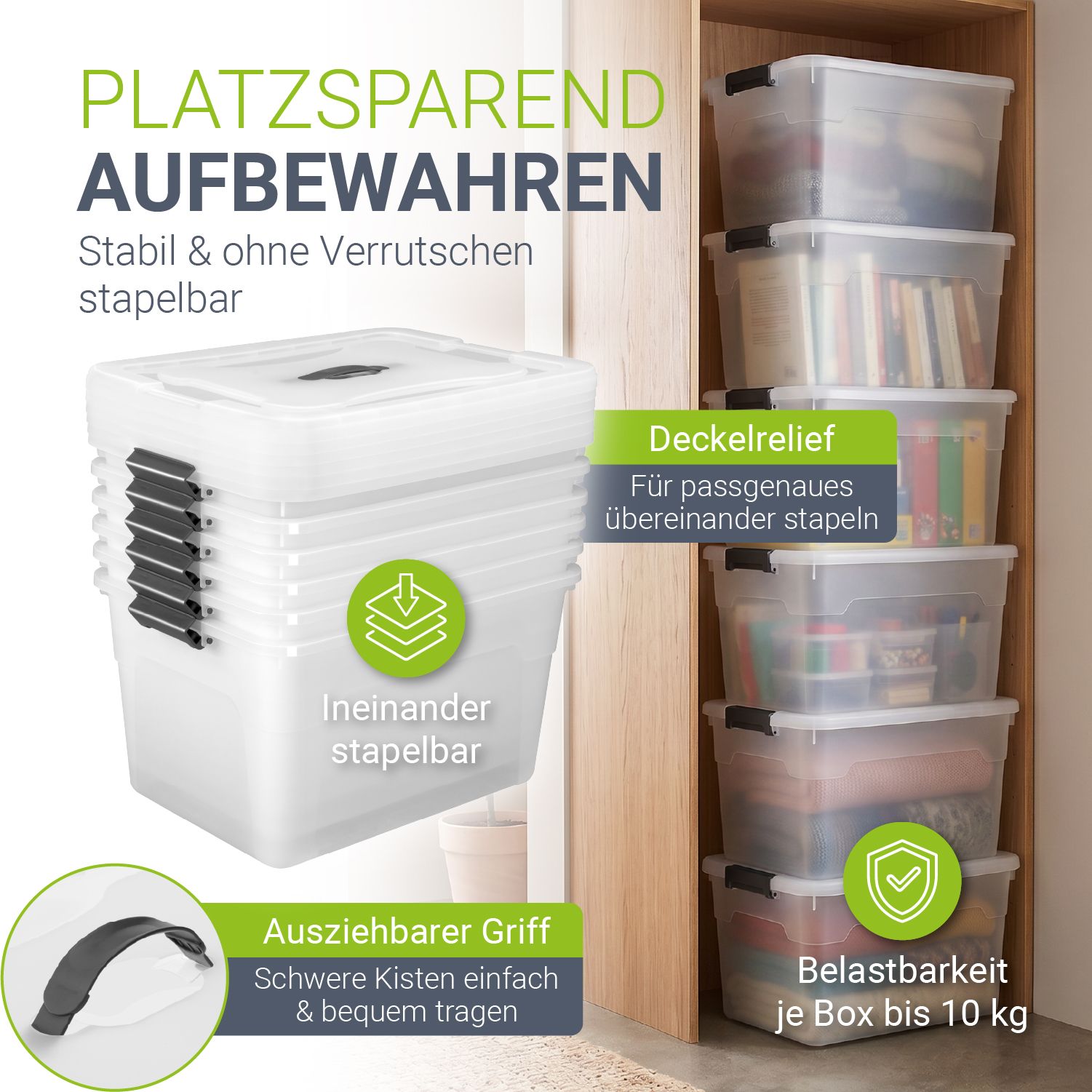 Juskys Aufbewahrungsbox mit Deckel - 6er Set Kunststoff Boxen 30l
