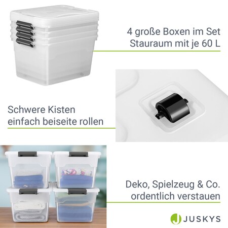 Juskys Aufbewahrungsbox mit Deckel - 4er Set Kunststoff Boxen 30l - Box  stapelbar, transparent