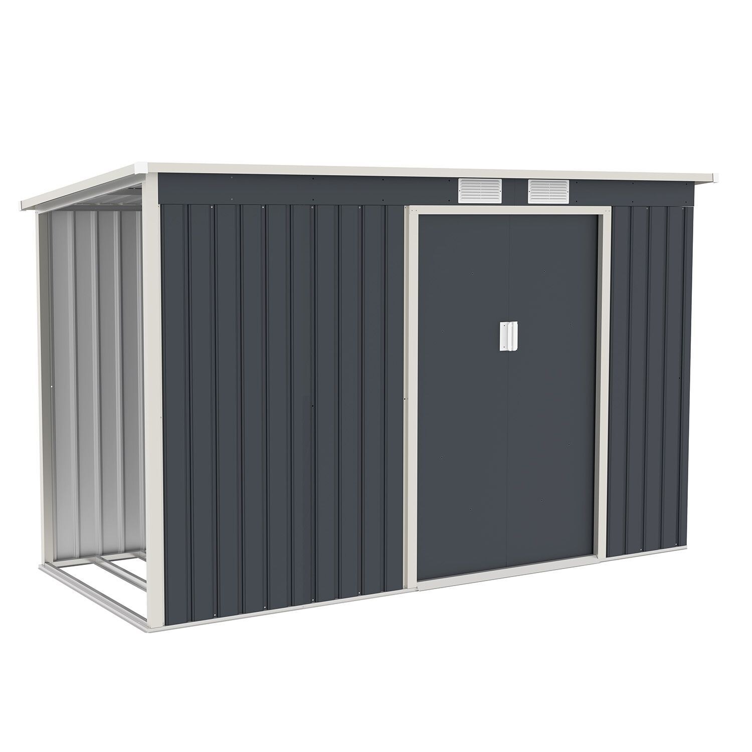 Juskys Metall Gerätehaus M mit Holzunterstand rechts – Großes Gartenhaus, Schiebetür, Lüftungsgitter | 04260565529392