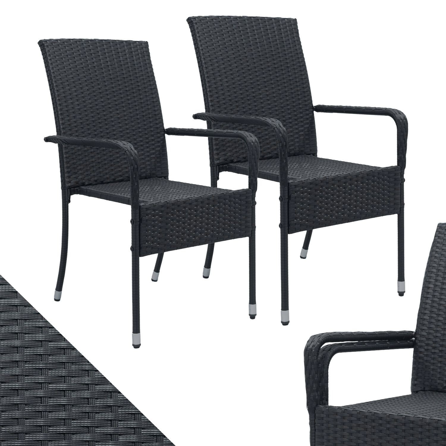 Juskys Polyrattan Gartenstühle Yoro 2er Set – Stuhl mit Armlehnen – Rattan Stühle stapelbar Schwarz | 04260565529460