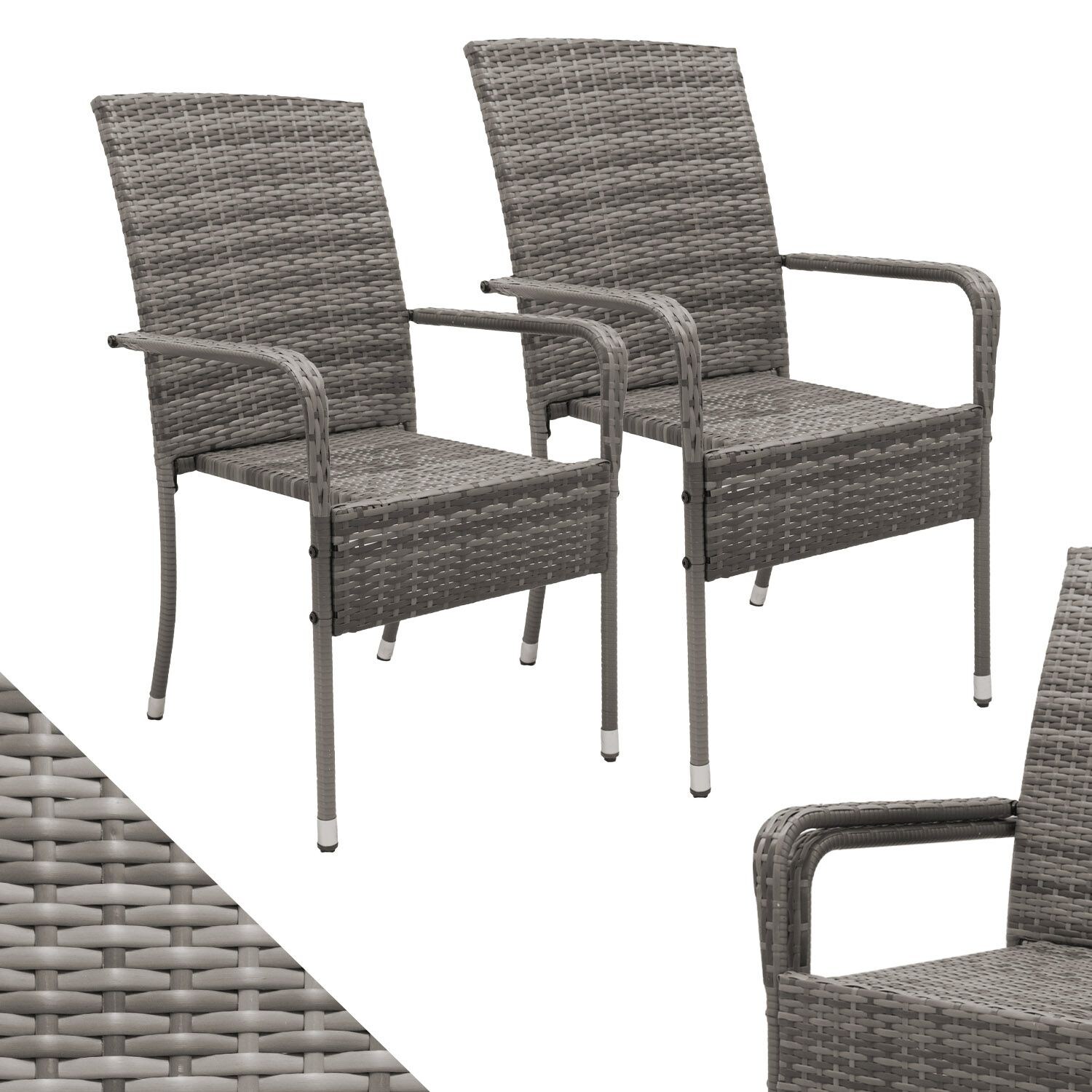 Juskys Polyrattan Gartenstühle Yoro 2er Set – Stuhl mit Armlehnen – Rattan Stühle stapelbar Grau-meliert | 04260565529477