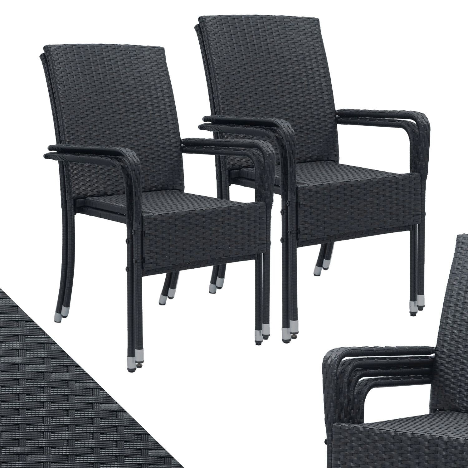 Juskys Polyrattan Gartenstühle Yoro 4er Set – Stuhl mit Armlehnen – Rattan Stühle stapelbar Schwarz | 04260565529484