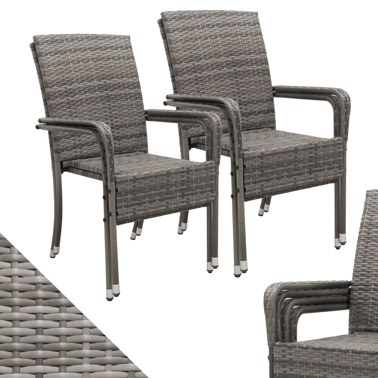 Juskys Polyrattan Gartenstühle Yoro 4er Set – Stuhl mit Armlehnen – Rattan Stühle stapelbar Grau-meliert | 04260565529491