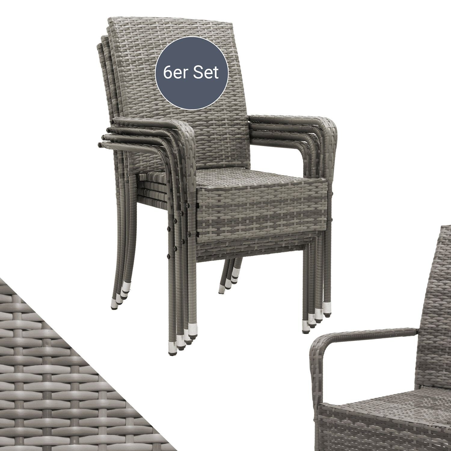 Juskys Polyrattan Gartenstühle Yoro 6er Set – Stuhl mit Armlehnen – Rattan Stühle stapelbar Grau | 04260565529514