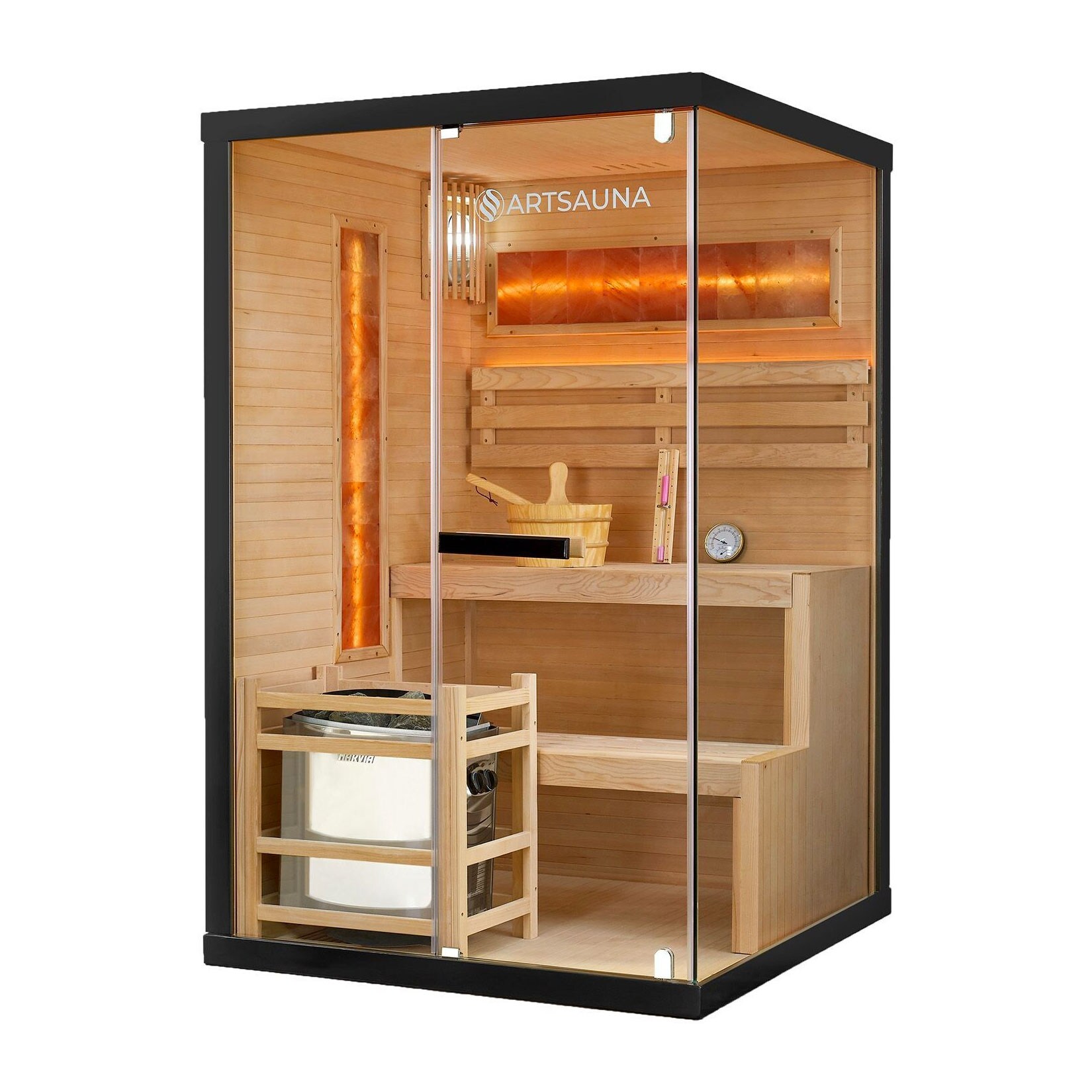 Artsauna Saunakabine Vantaa 120 mit Salzstein – Indoor Sauna für 2 Personen, 3,5 kW Ofen, Glasfront | 04260565529545