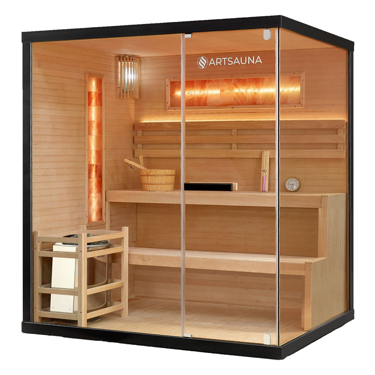 Artsauna Saunakabine Vantaa 175 mit Salzstein – Indoor Sauna für 4 Personen, 8 kW Ofen, Glasfront | 04260565529569