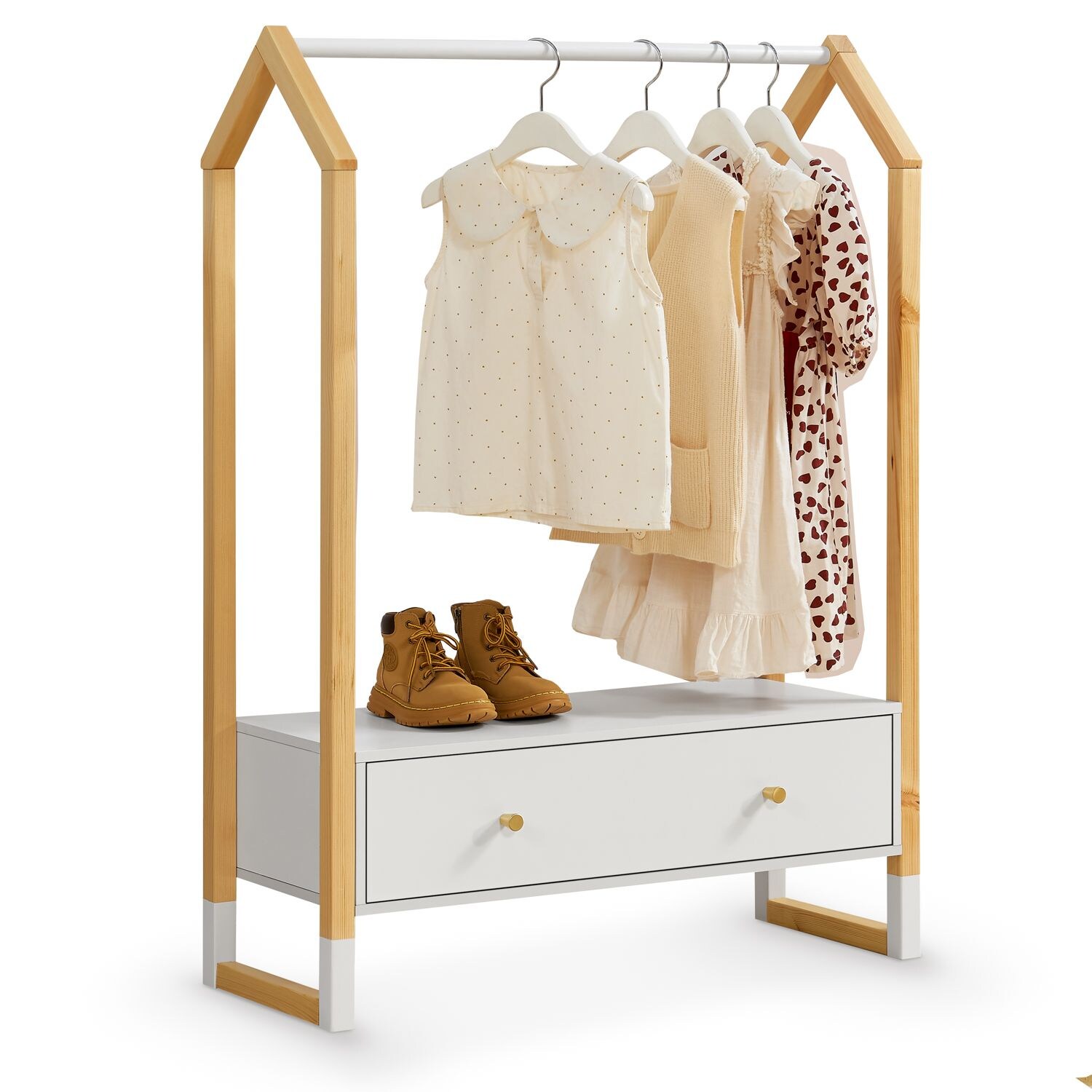 Juskys Kinder Kleiderständer Filla mit großer Schublade – Kindergarderobe aus Holz – Garderobe Weiß | 04260565529637
