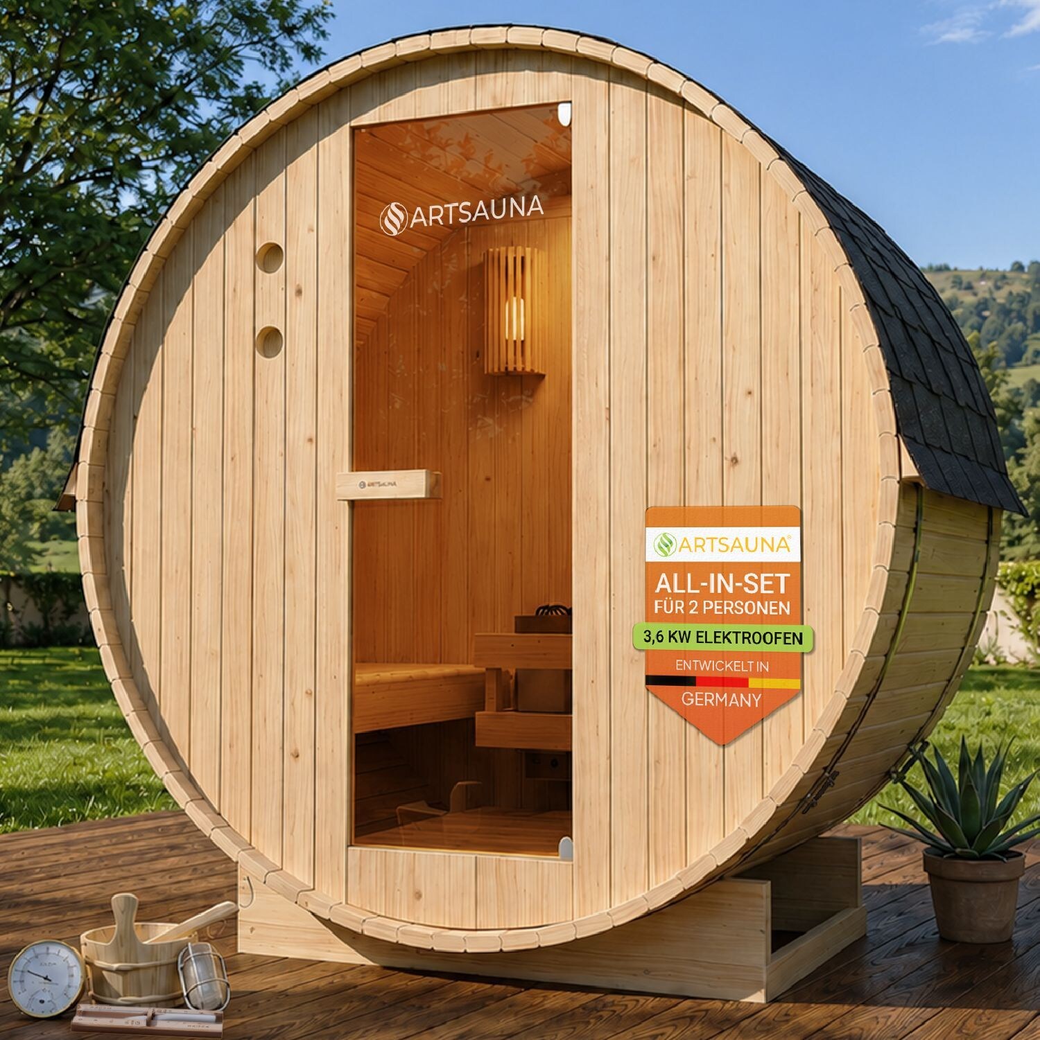 Artsauna Fasssauna Spitzbergen 120 - 2 Personen, 3,6 kW Ofen, Zubehör - Fichtenholz Sauna