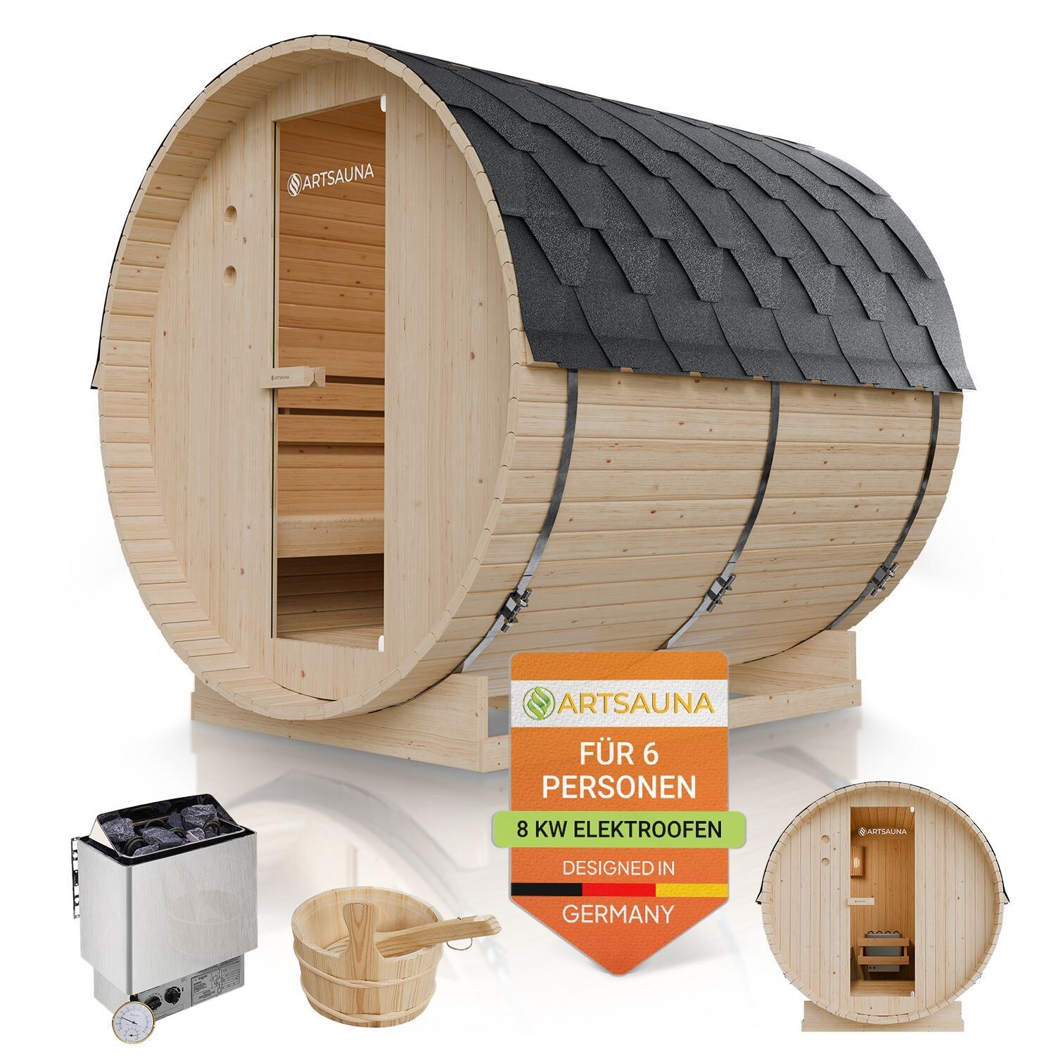 Artsauna Fasssauna Spitzbergen 220 - 6 Personen, 8 kW Ofen, Zubehör - Fichtenholz Sauna
