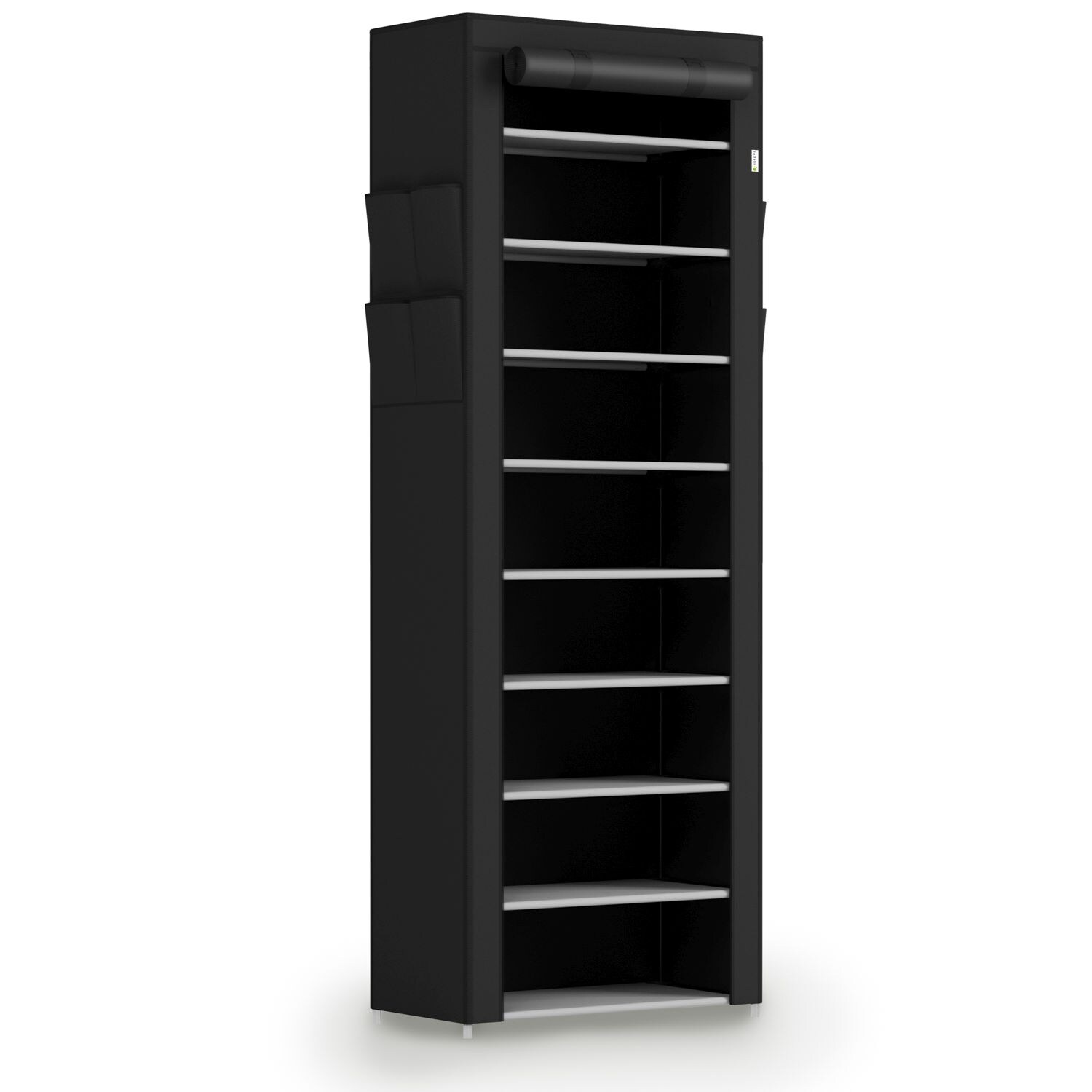 Juskys Schuhschrank M Schwarz mit 9 Ebenen, geschlossen, Stoff-Bezug wasserabweisend, Stecksystem | 04260565529859