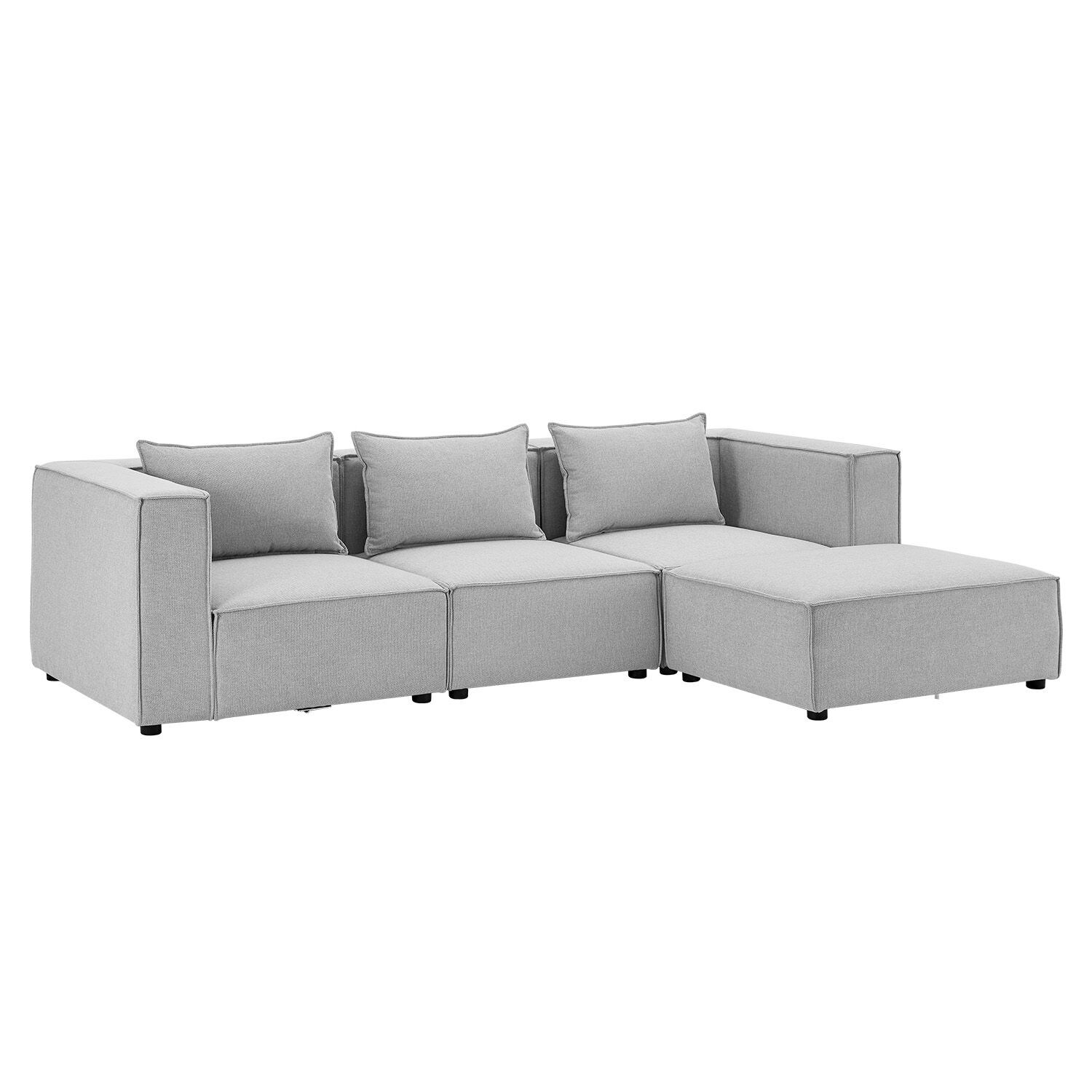 Juskys modulares Sofa Domas L – Couch Wohnzimmer – 3 Sitzer – Ottomane & Kissen – Stoff Hellgrau | 04262437180595