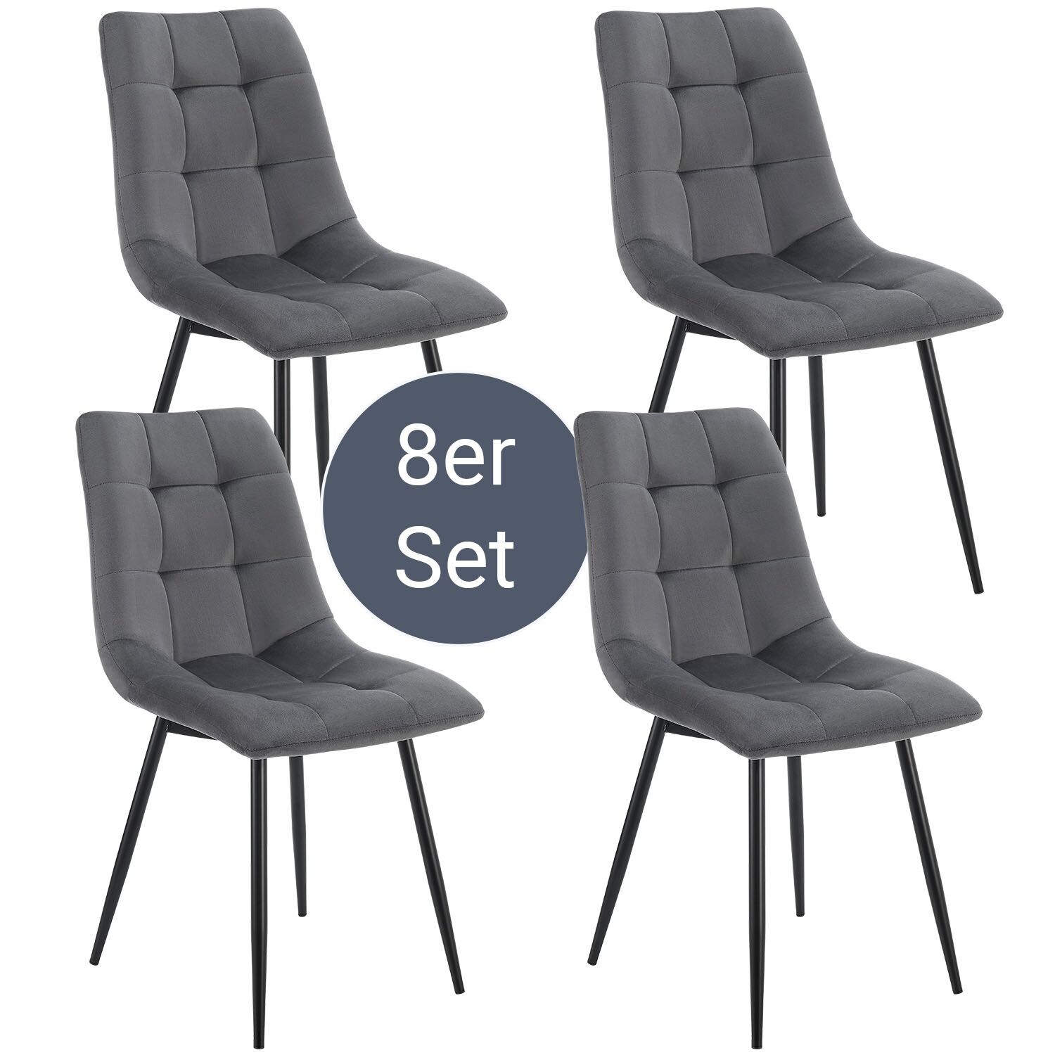 Juskys Esszimmerstühle Blanca 8er Set – Samt Stühle gepolstert – Stuhl Esszimmer & Küche Dunkelgrau | 04262437180779