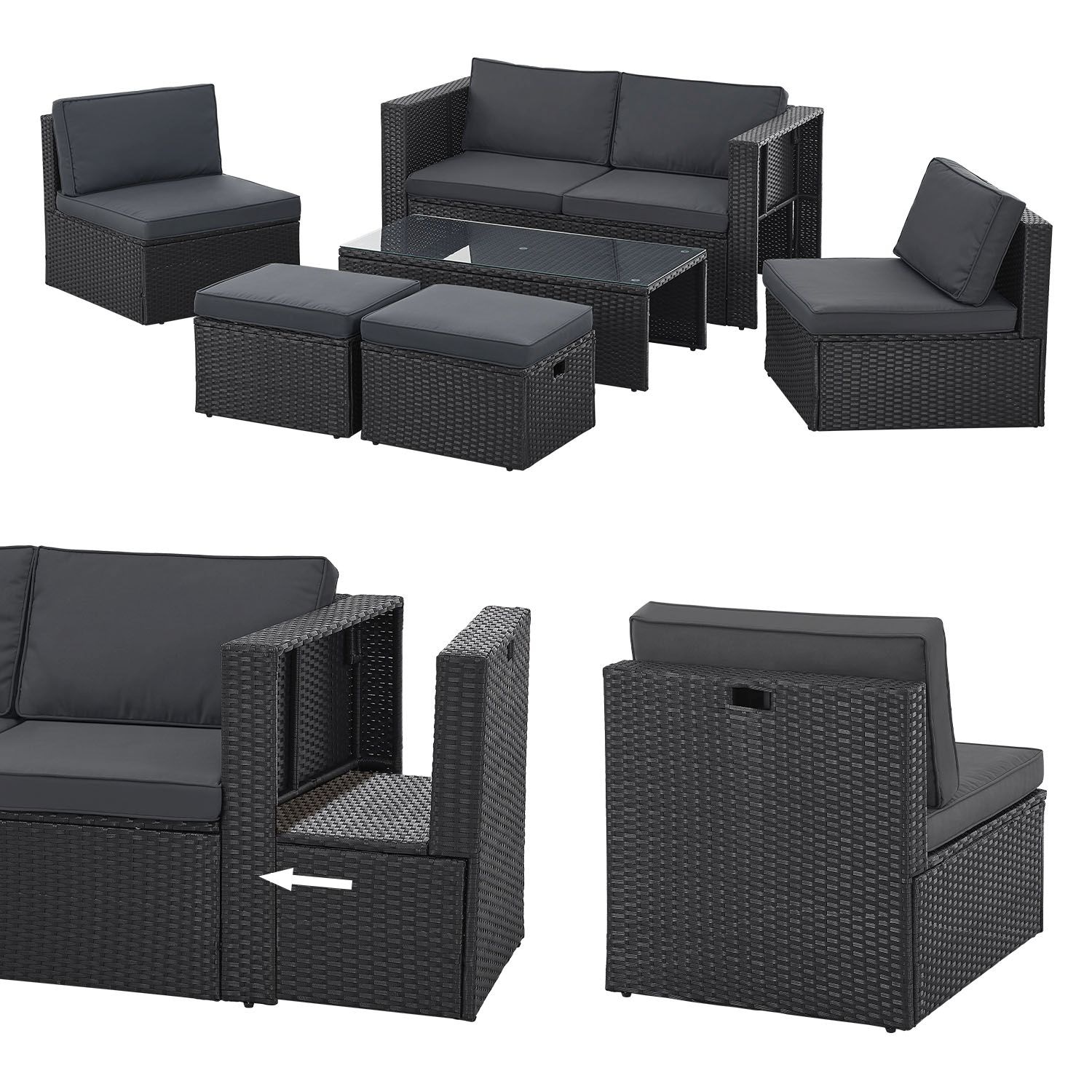 Juskys Polyrattan Gartenmöbel Set Salou - Outdoor Lounge für 6 Personen, wetterfest - Schwarz