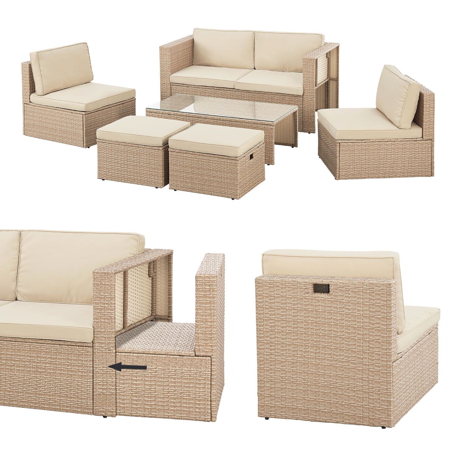 Juskys Polyrattan Gartenmöbel Set Salou - Outdoor Lounge für 6 Personen, wetterfest - Creme