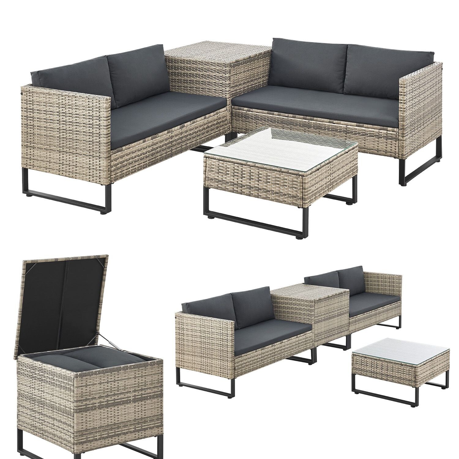 Juskys Polyrattan Lounge Santorini – Outdoor Sitzecke mit Beistelltisch & Auflagenbox – Grau | 04262437180304
