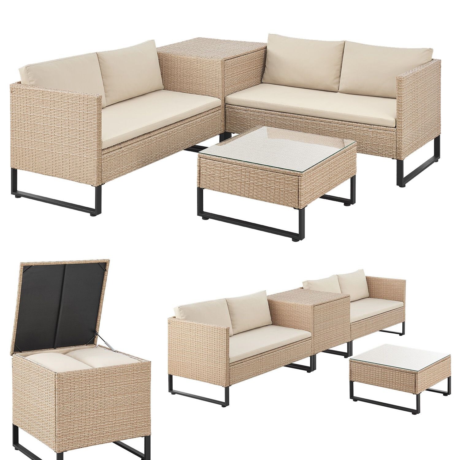 Juskys Polyrattan Lounge Santorini – Outdoor Sitzecke mit Beistelltisch & Auflagenbox – Creme | 04262437180311