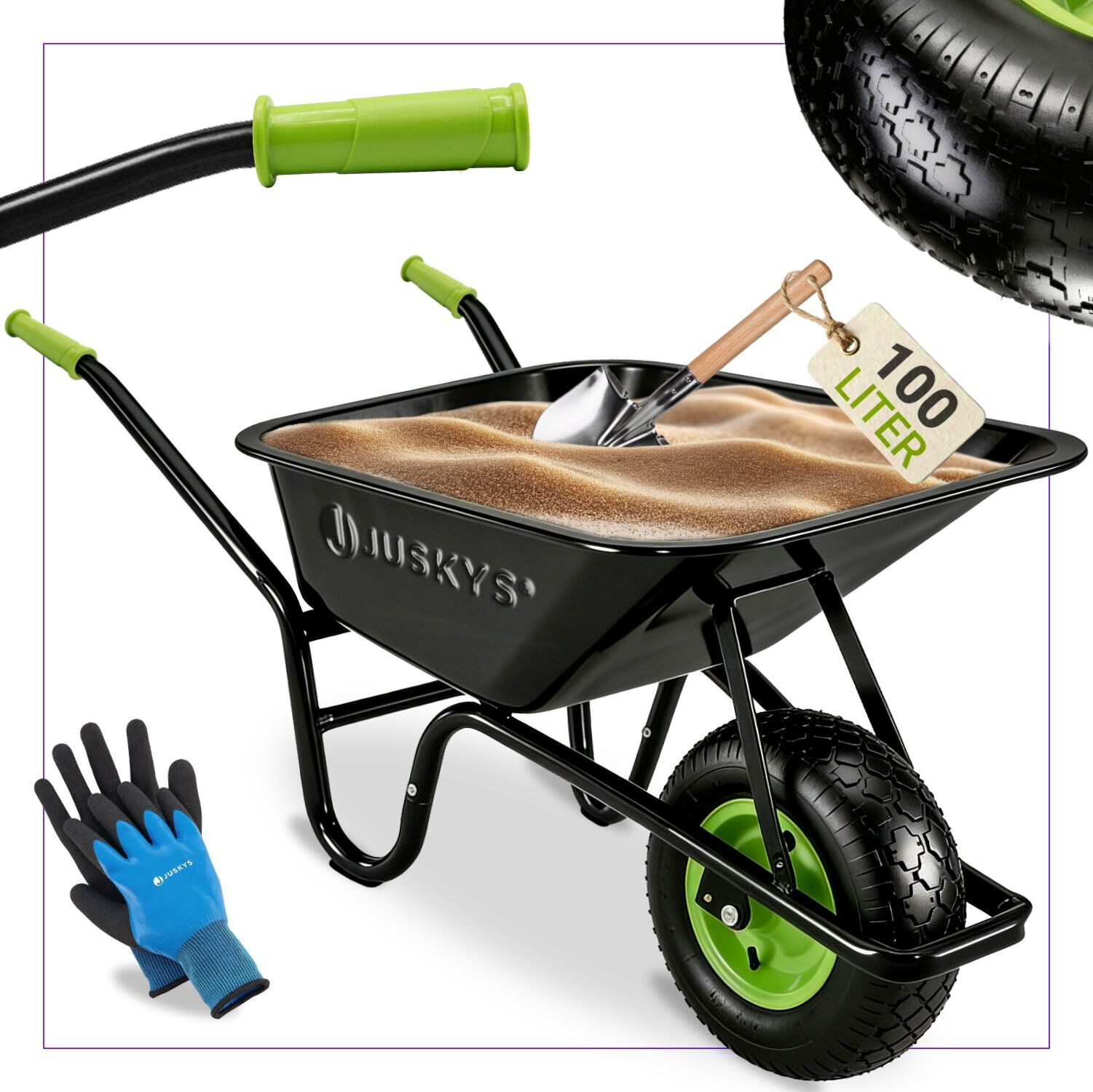 Juskys Schubkarre Garden - 100 Liter - 250 kg - Luftreifen mit Metall Felge - Wanne verzinkt Schwarz